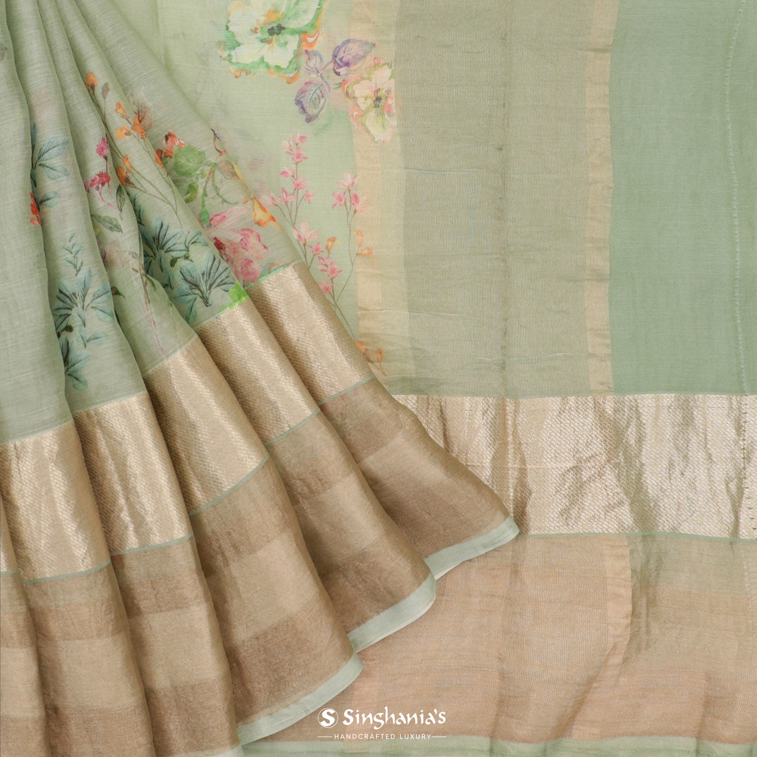 Pale Green Printed Maheshwari Saree With Floral Pattern
