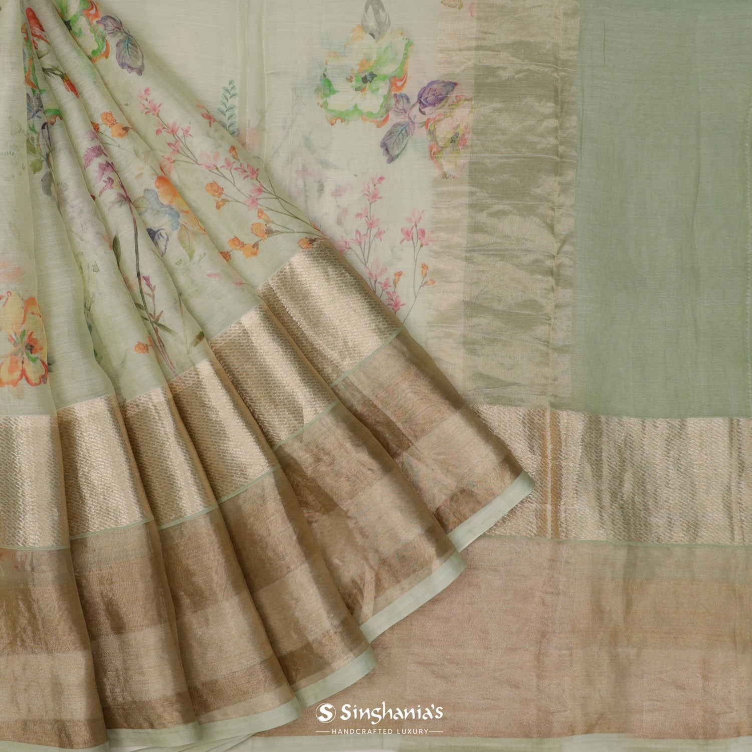 Pastel Green Printed Maheshwari Saree With Floral Pattern