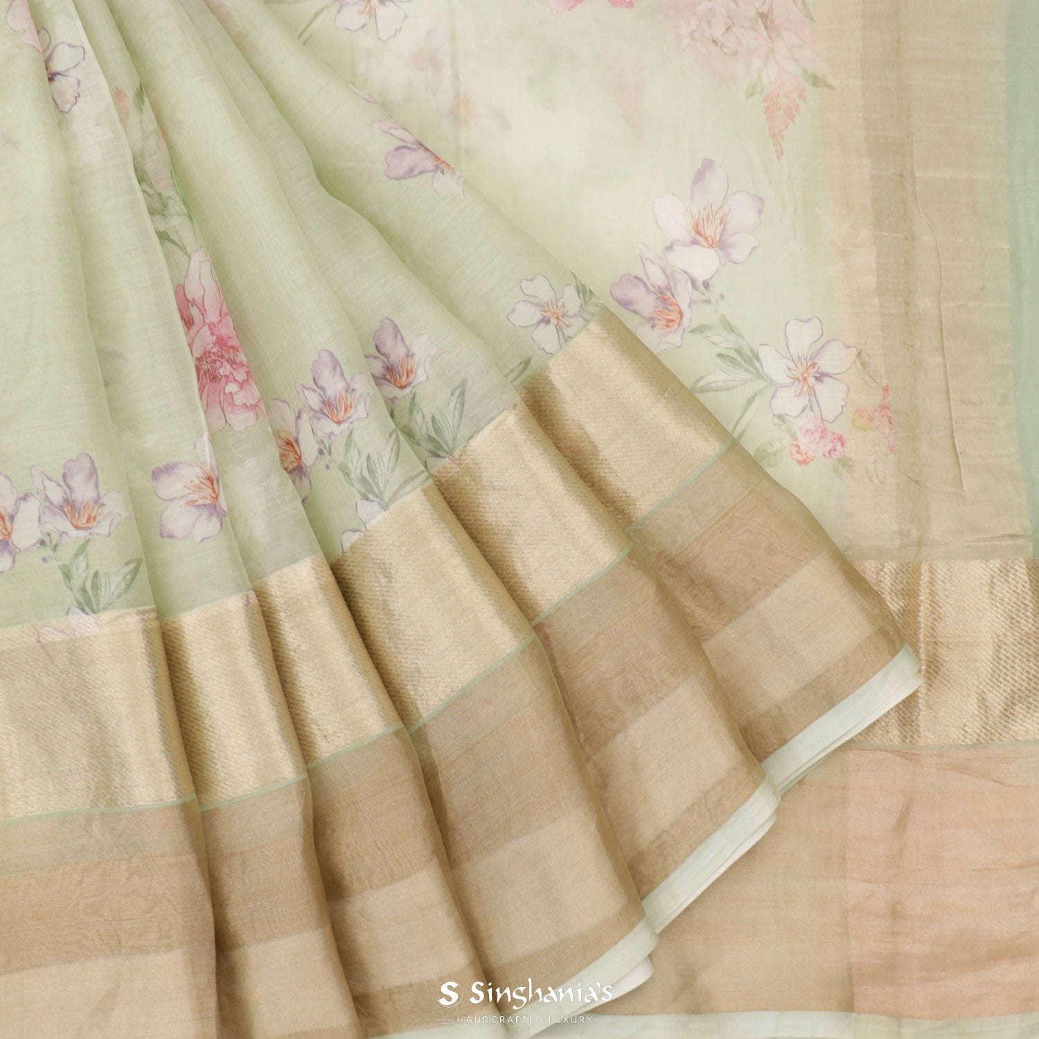 Nyanza Green Printed Maheshwari Saree With Floral Pattern