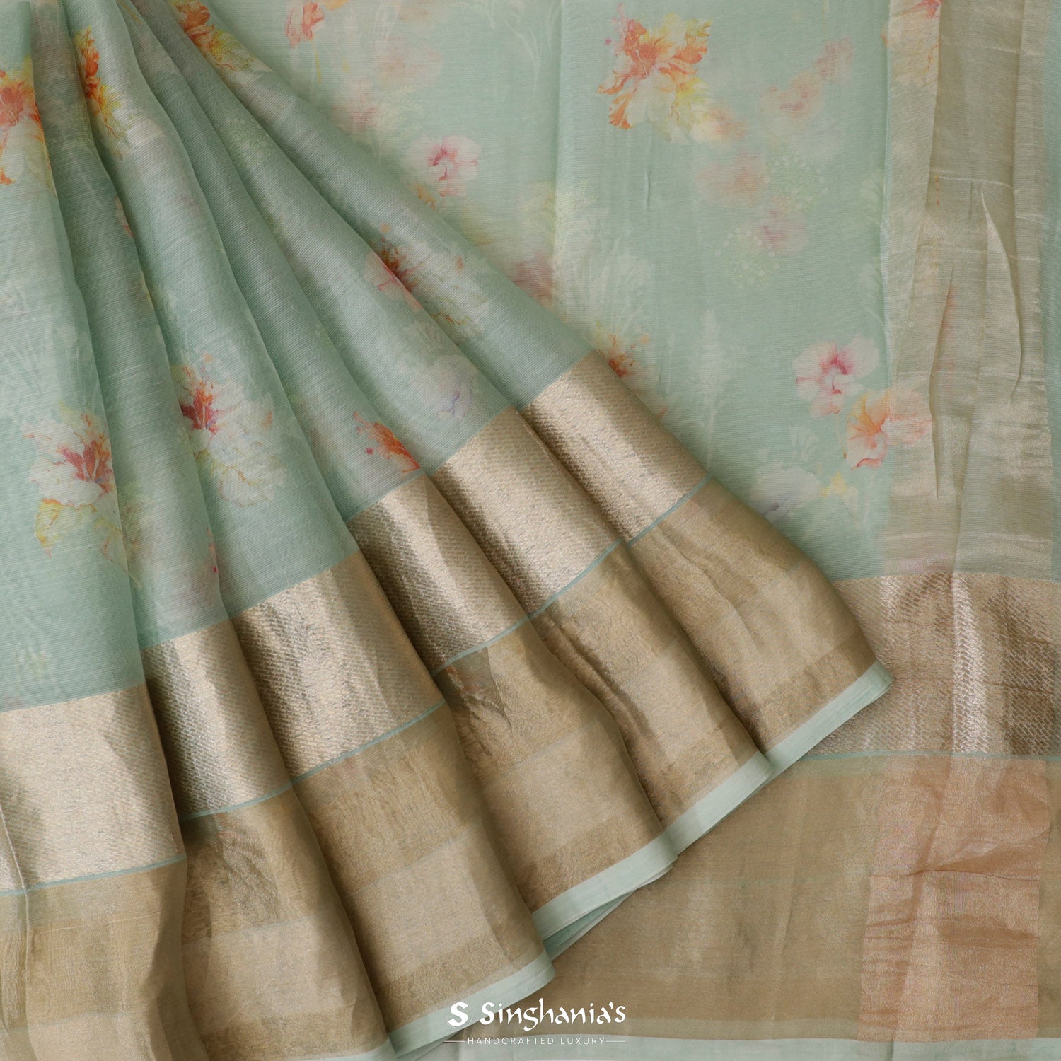 Pastel Sky Blue Printed Maheshwari Saree With Floral Pattern