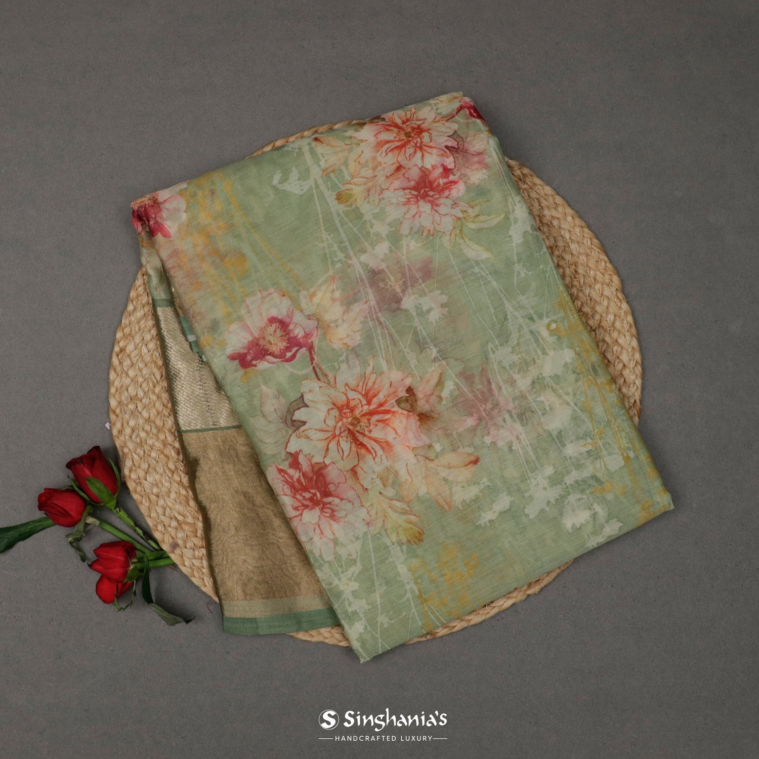 Pastel Green Printed Maheshwari Saree With Floral Pattern