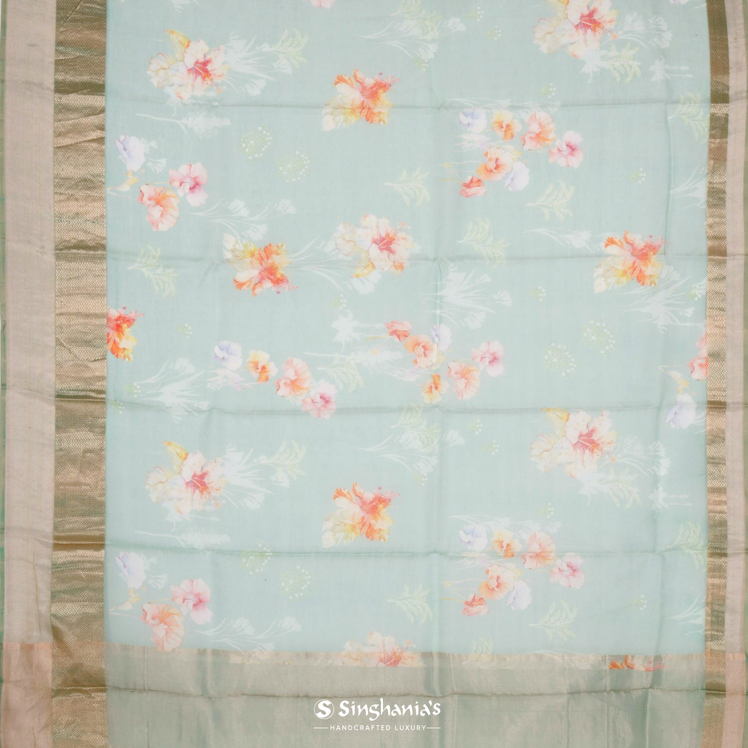 Powder Blue Printed Maheshwari Silk Saree With Floral Pattern And Zari Border