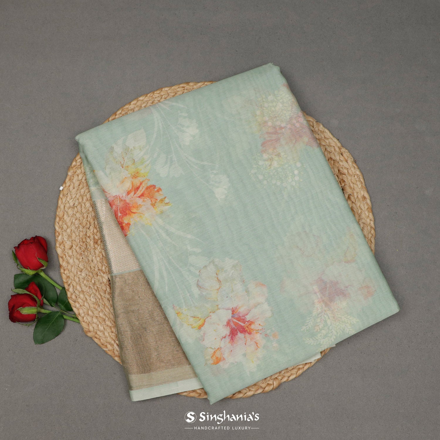 Powder Blue Printed Maheshwari Silk Saree With Floral Pattern And Zari Border