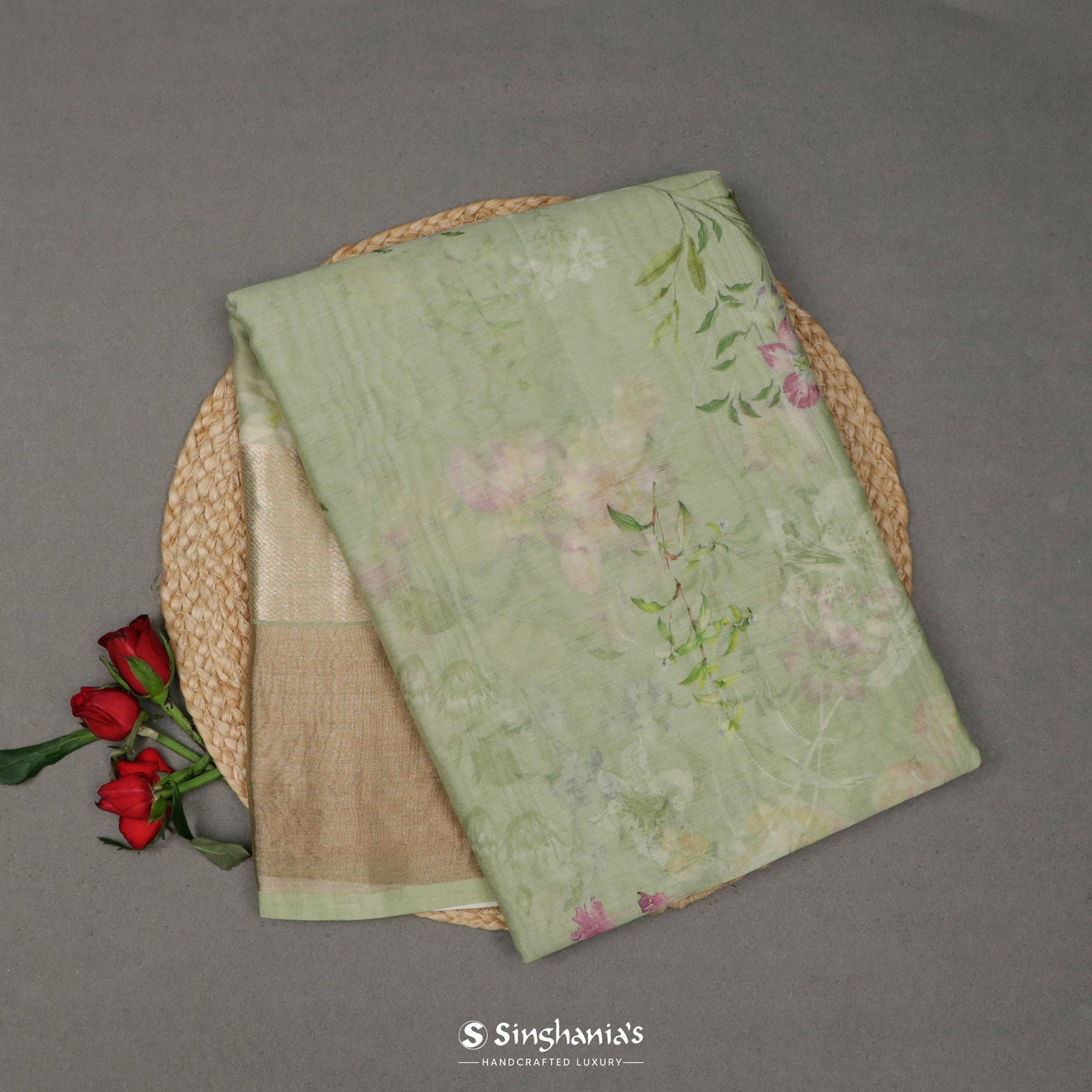 Laurel Green Printed Maheshwari Saree With Floral Pattern