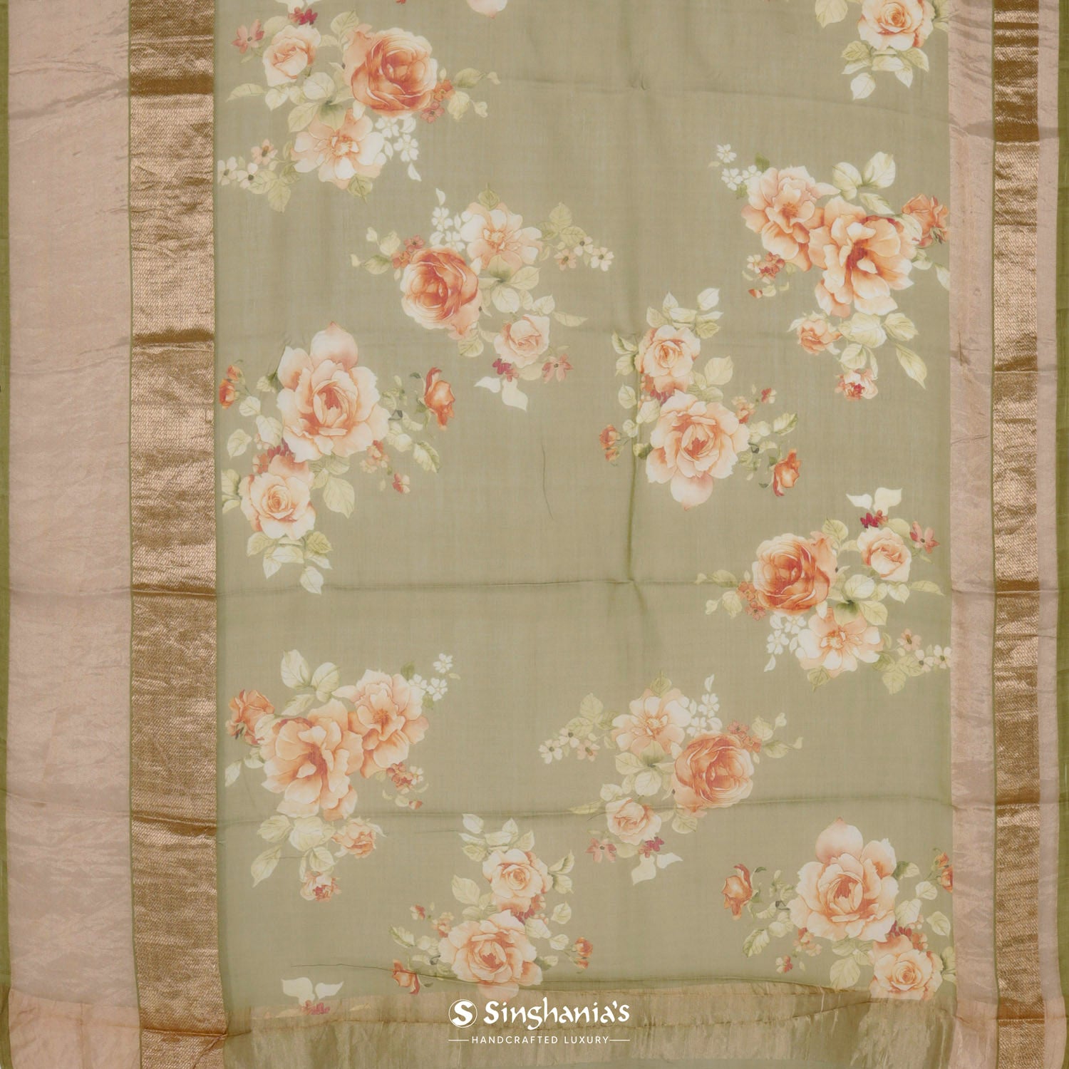 Laurel Green Printed Maheshwari Saree With Floral Pattern