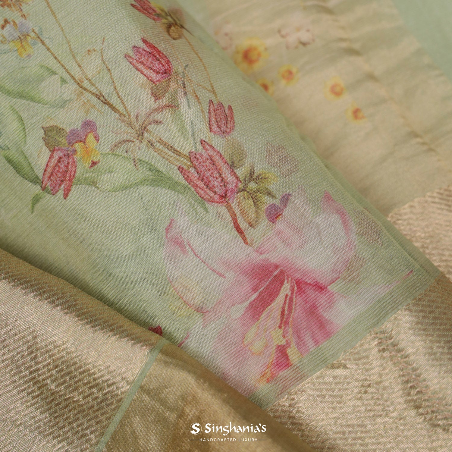 Nyanza Green Printed Maheshwari Silk Saree With Floral-Bird Pattern