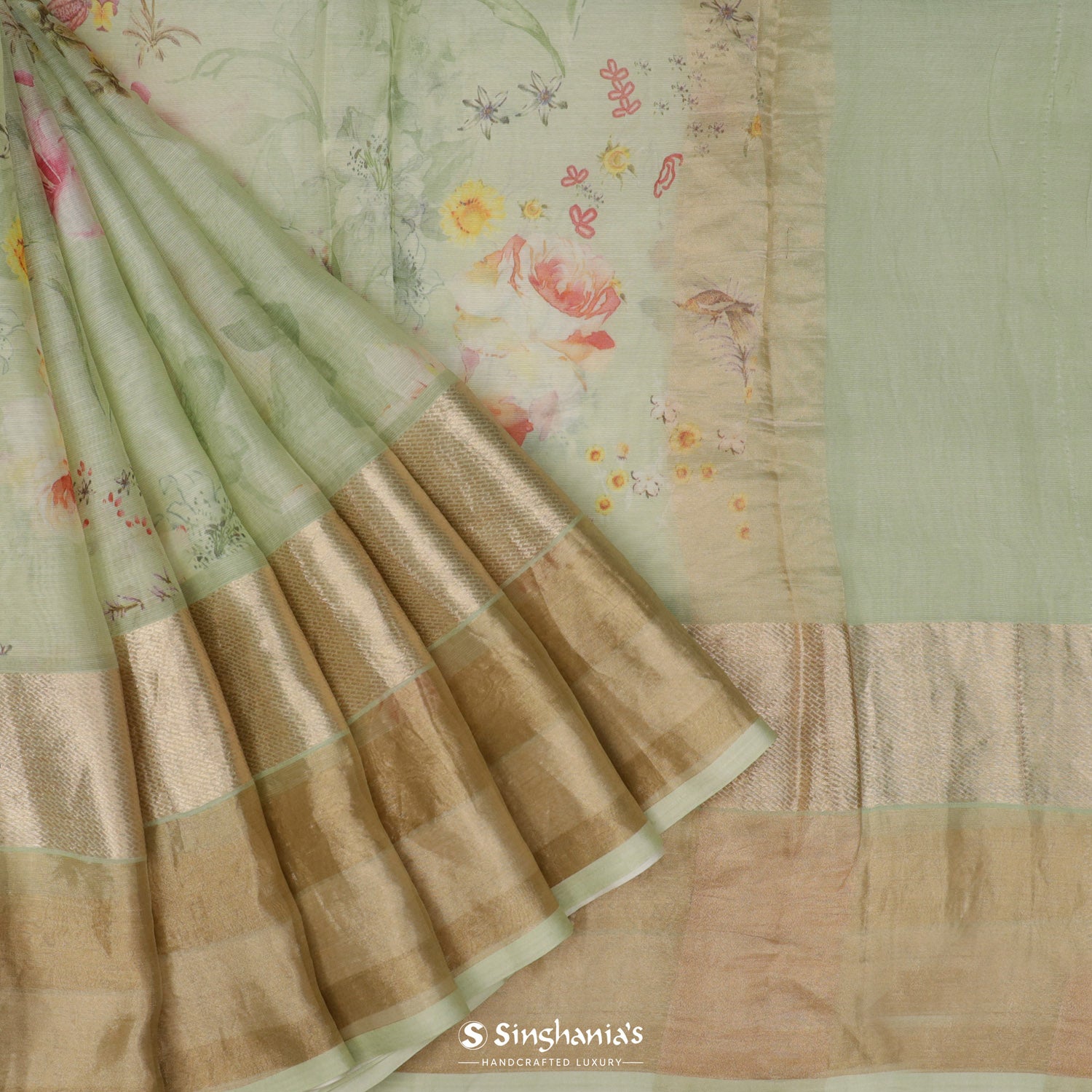 Nyanza Green Printed Maheshwari Silk Saree With Floral-Bird Pattern