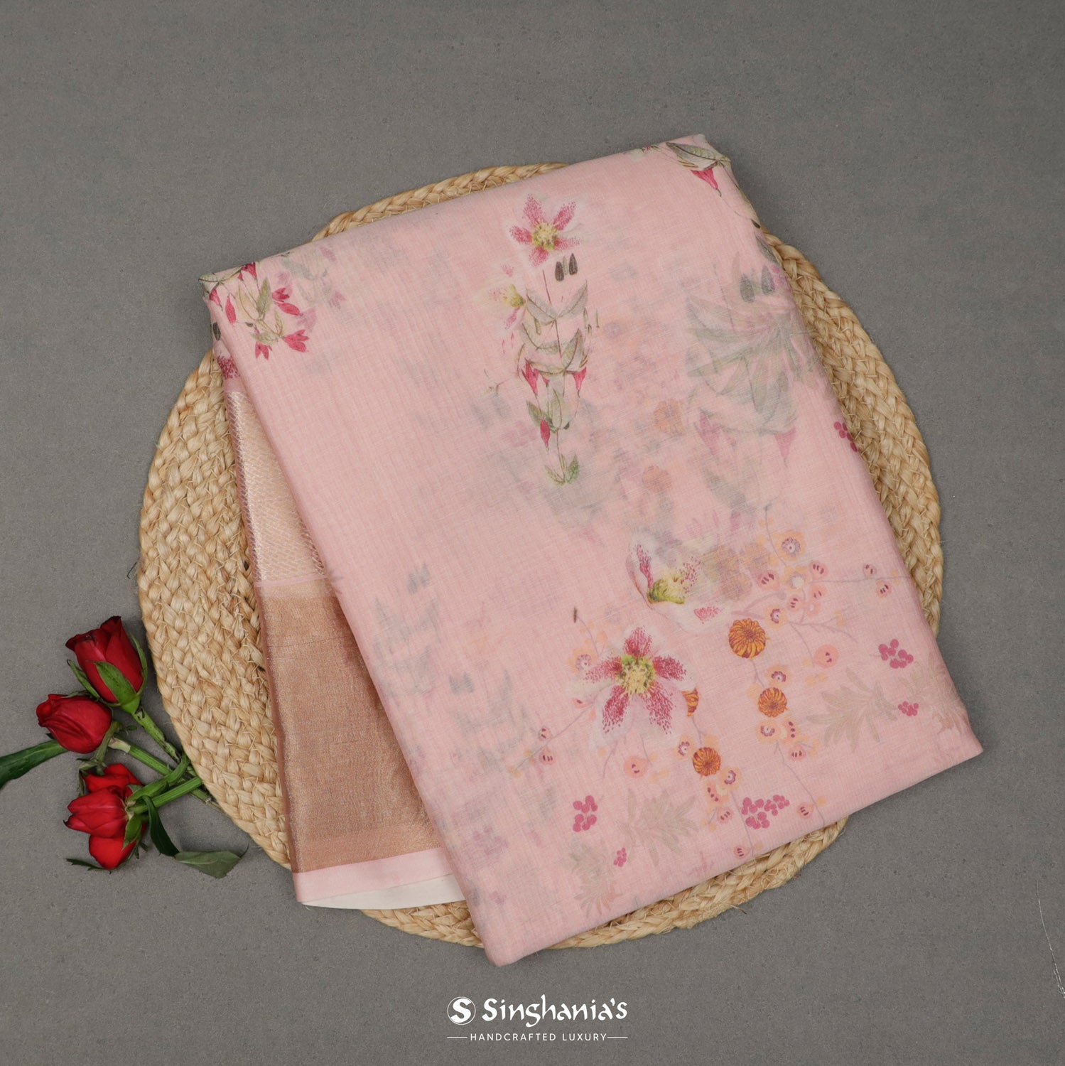 Ruddy Pink Printed Maheshwari Saree With Floral Pattern