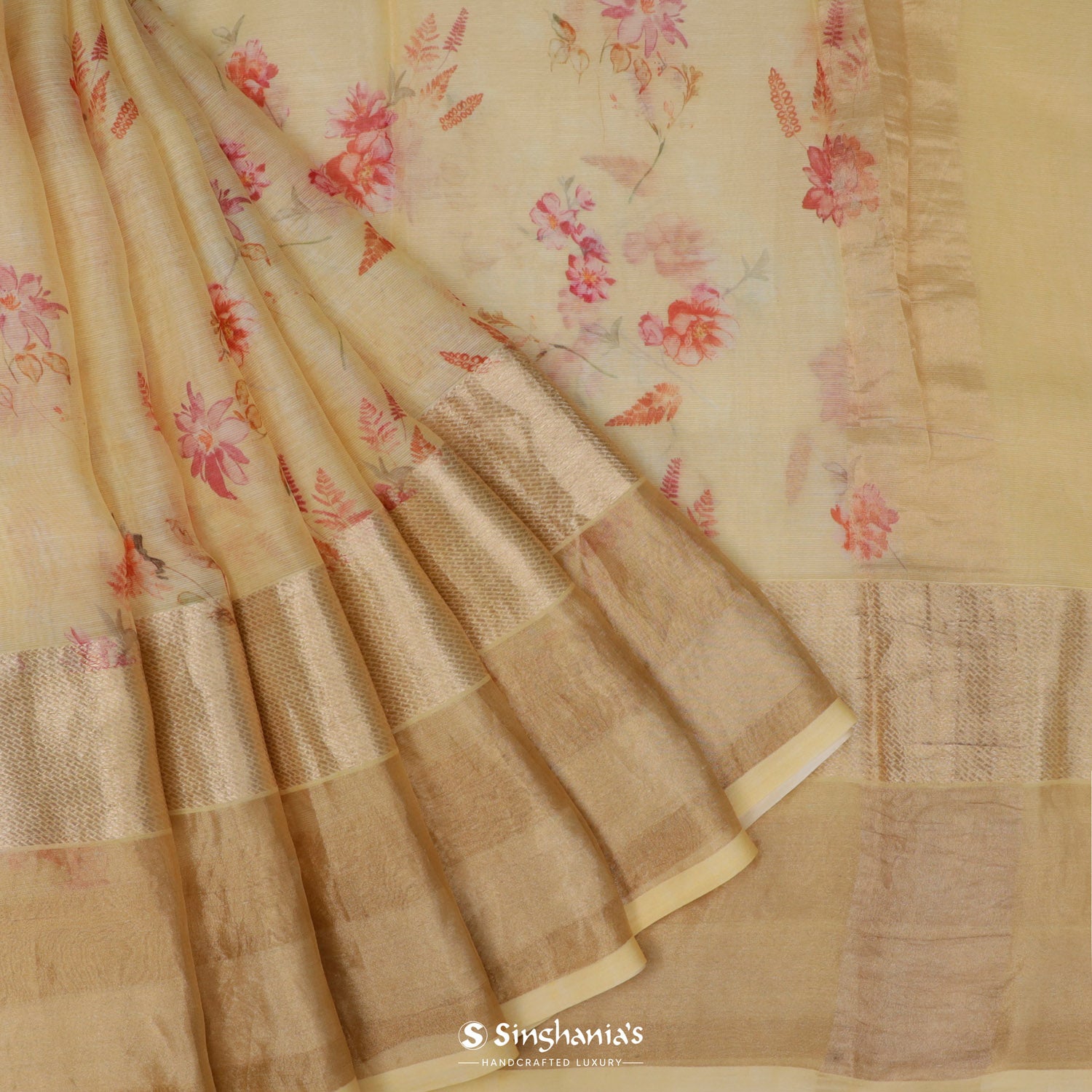 Light Cream Yellow Printed Maheshwari Saree With Floral Pattern