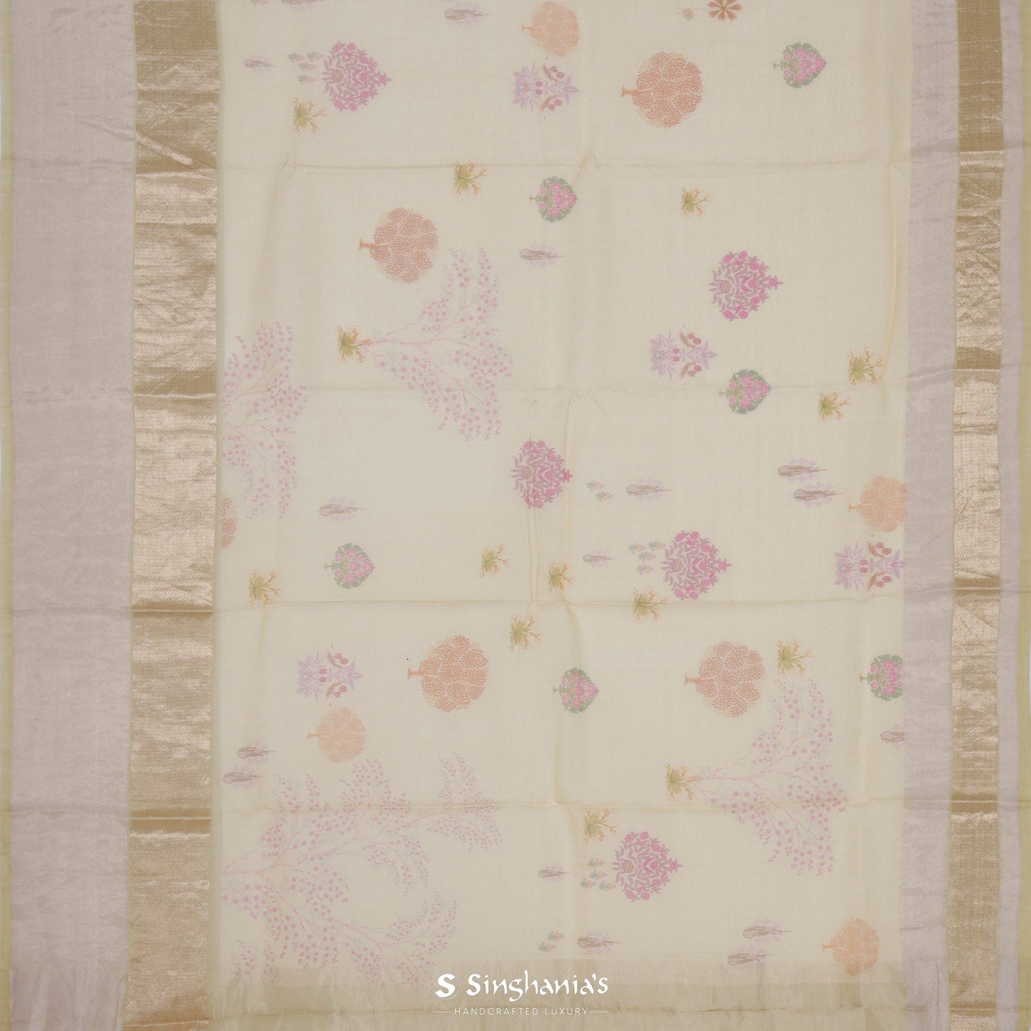 Pearl Cream Printed Maheshwari Saree With Floral Pattern