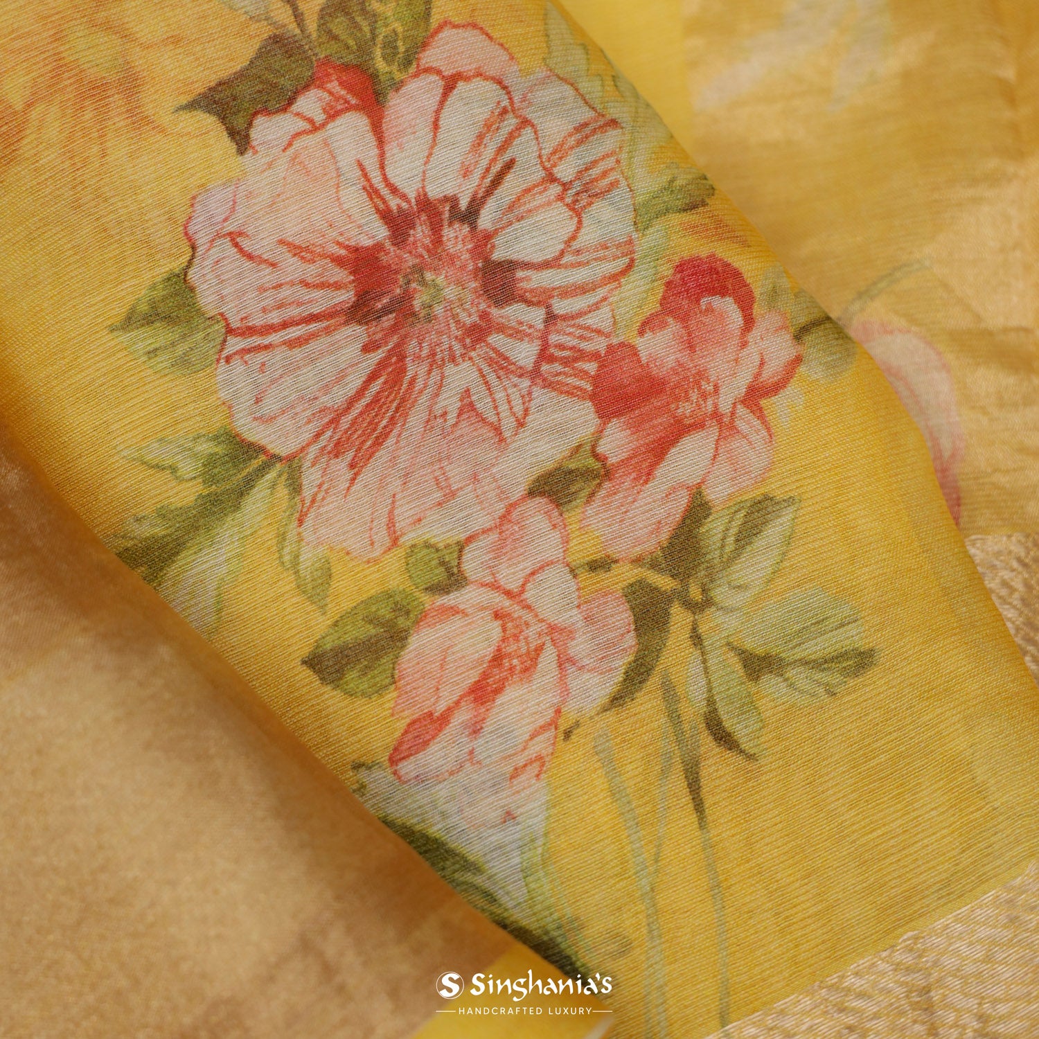 Saffron Yellow Printed Maheshwari Saree With Floral Pattern