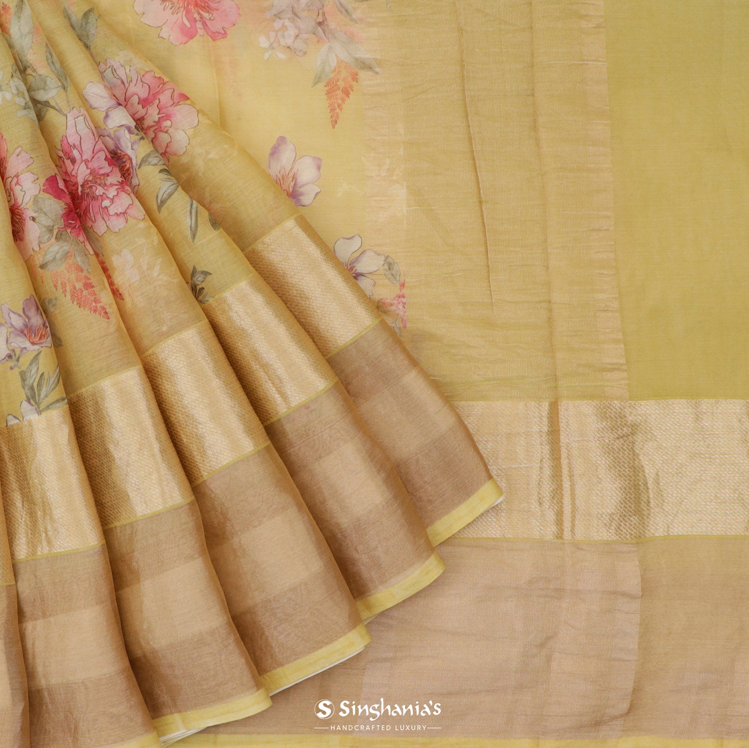 Mellow Yellow Printed Maheshwari Saree With Floral Pattern