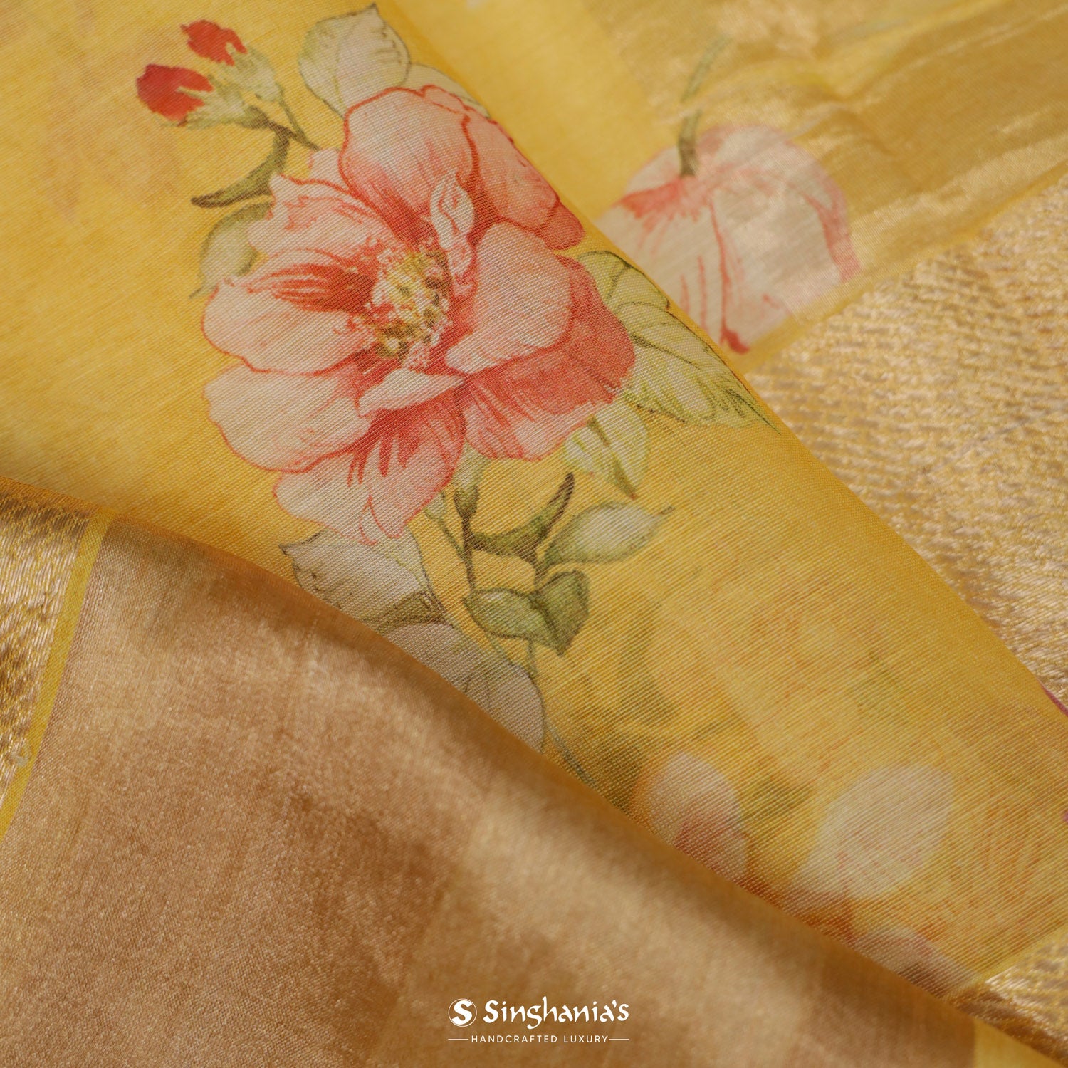 Citrine Yellow Printed Maheshwari Saree With Floral Pattern
