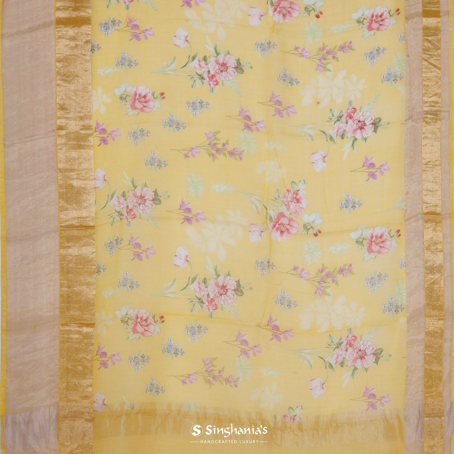 Citrine Yellow Printed Maheshwari Saree With Floral Pattern