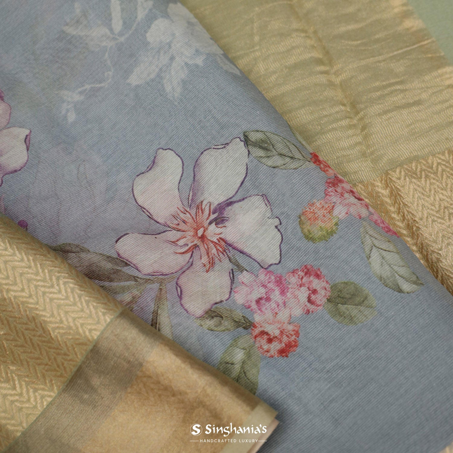 Beau Blue Printed Maheshwari Saree With Floral Pattern