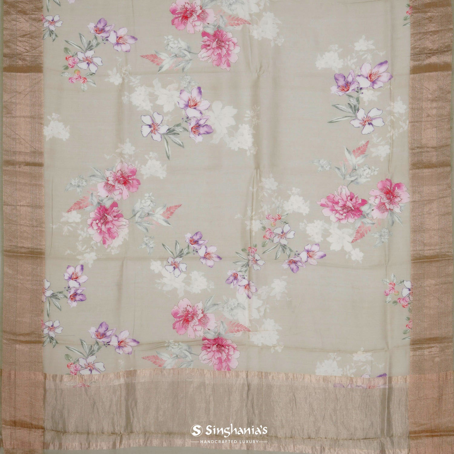 Alabaster Cream Printed Tussar Silk Saree With Floral Pattern