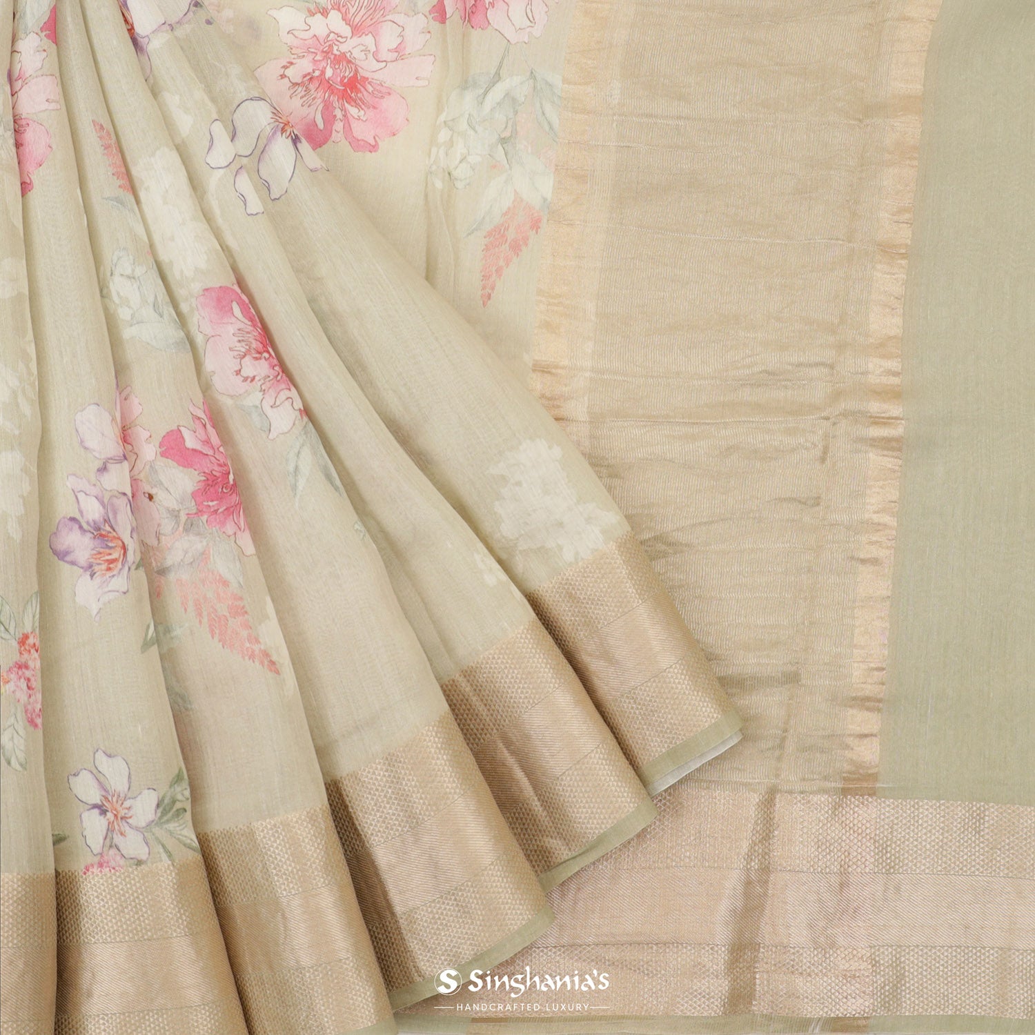 Alabaster Cream Printed Tussar Silk Saree With Floral Pattern