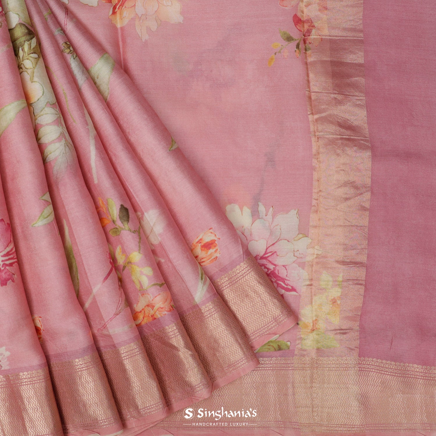 Mauvelous Pink Printed Tussar Silk Saree With Floral Pattern