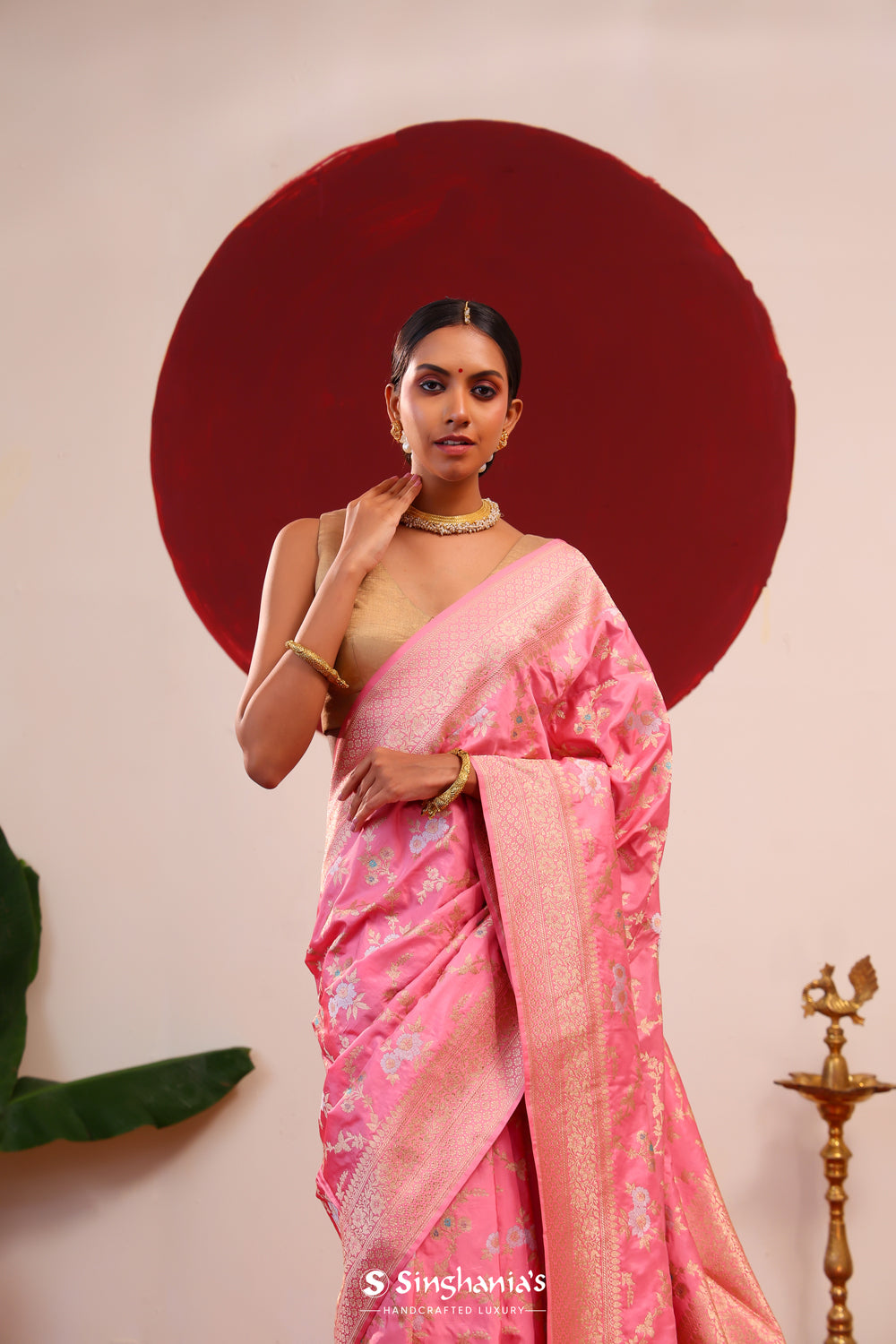 Flamingo Pink Banarasi Silk Saree With Meenakari Jaal