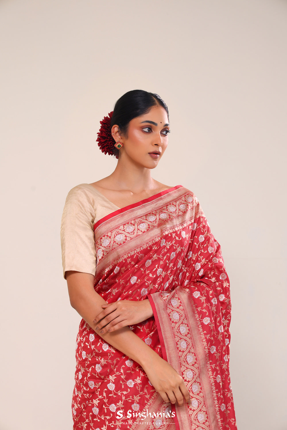 Bills Red Chiniya Banarasi Silk Saree