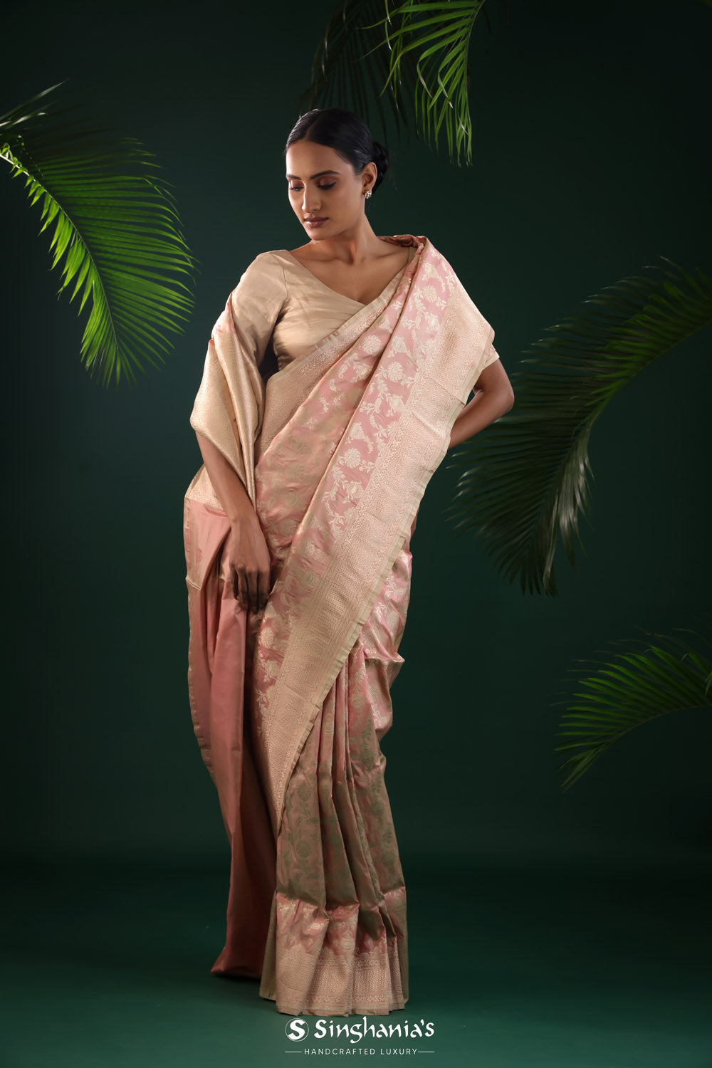 Pale Pink Banarasi Silk Saree With Floral Weaving