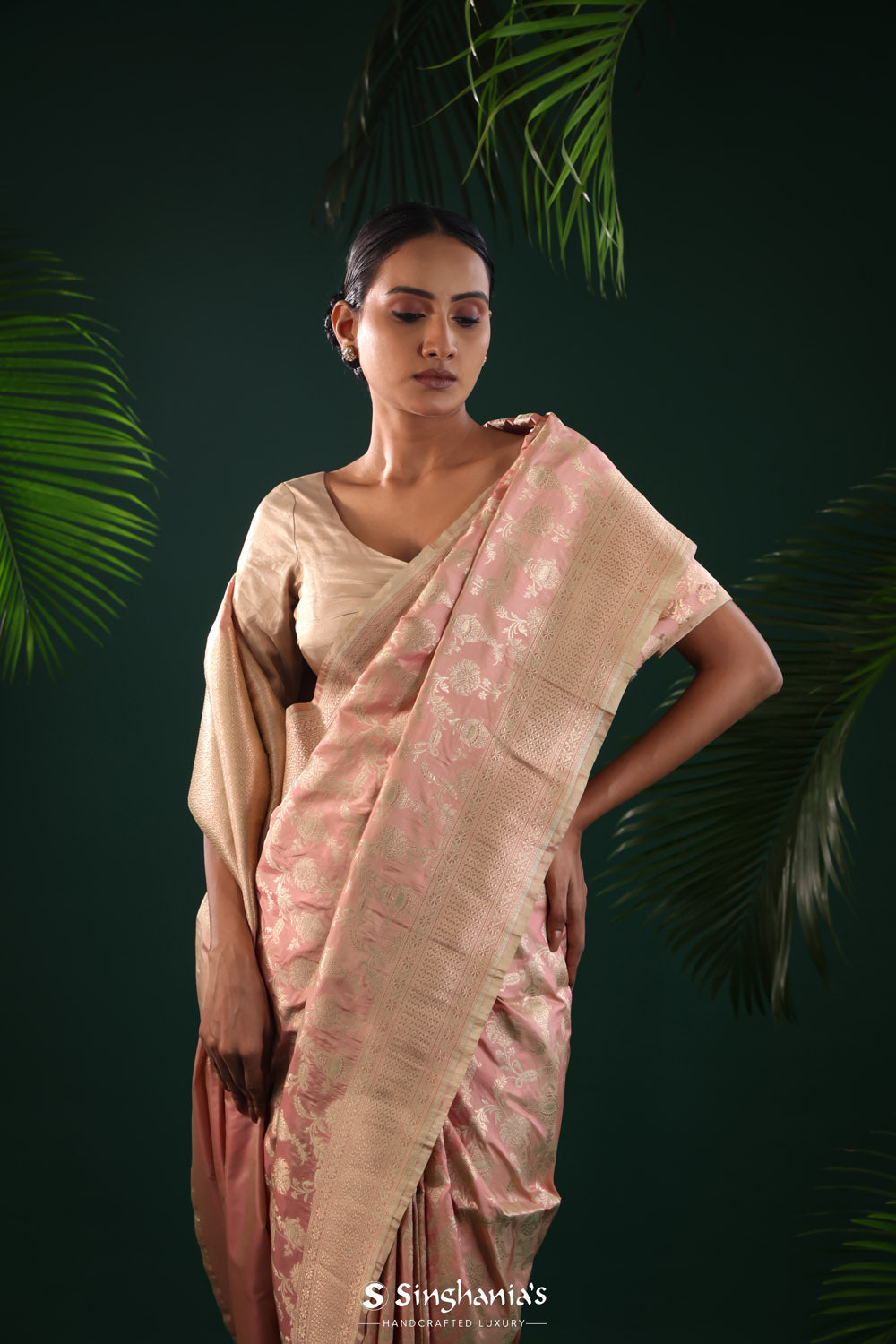 Pale Pink Banarasi Silk Saree With Floral Weaving