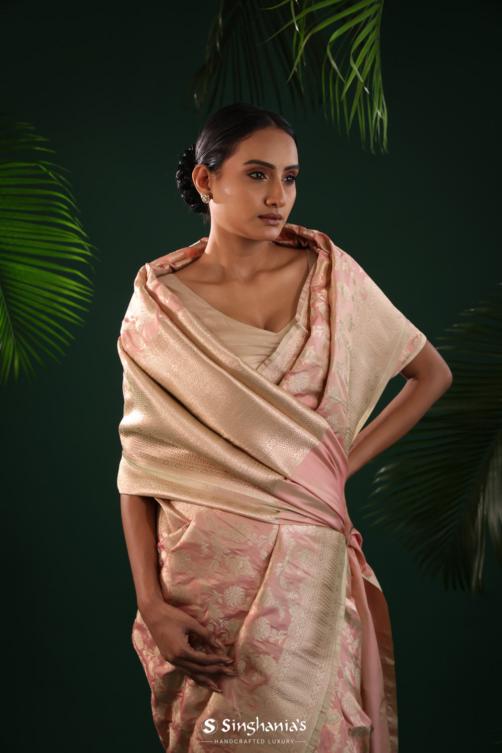 Pale Pink Banarasi Silk Saree With Floral Weaving