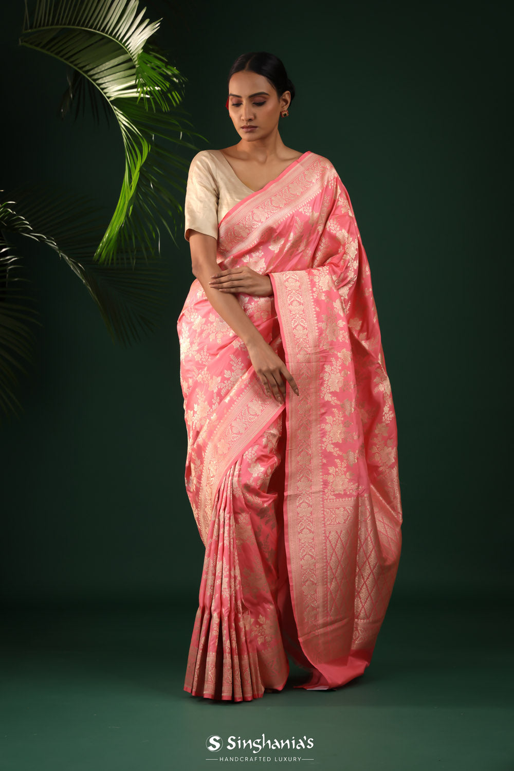 Brink Pink Banarasi Silk Saree With Floral Zari Jaal Work