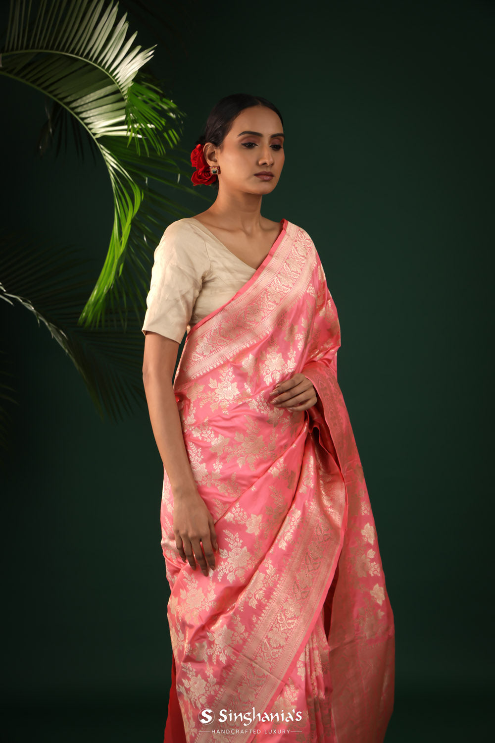 Brink Pink Banarasi Silk Saree With Floral Zari Jaal Work