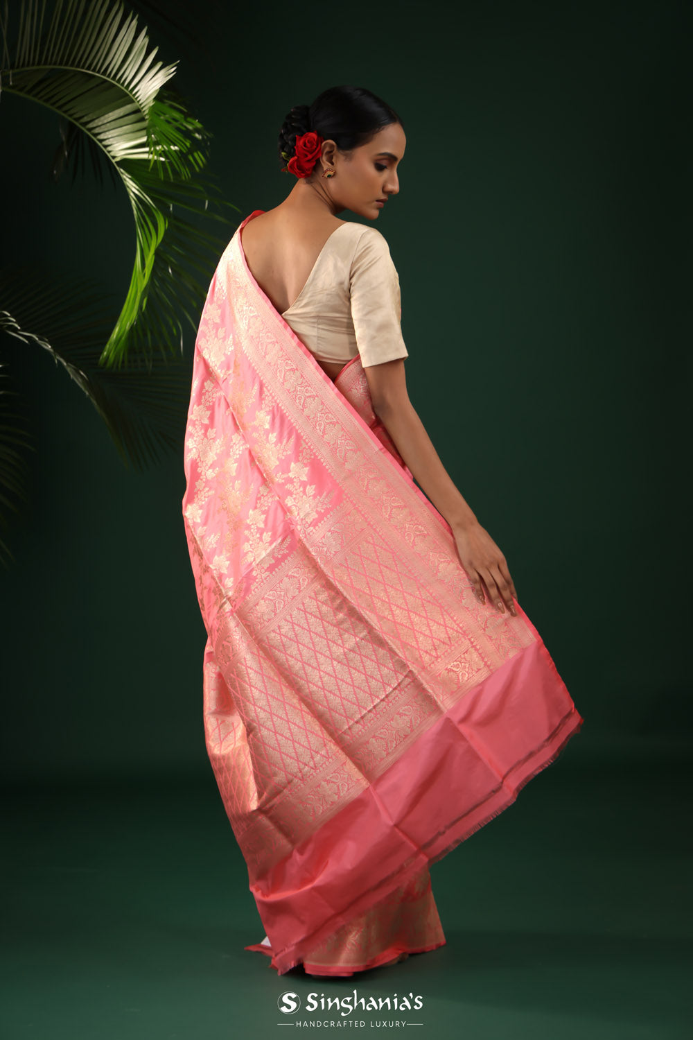 Brink Pink Banarasi Silk Saree With Floral Zari Jaal Work