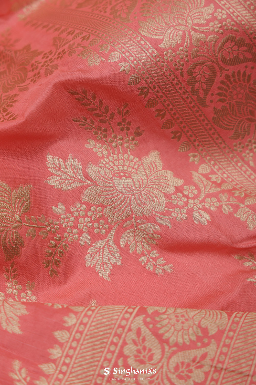 Brink Pink Banarasi Silk Saree With Floral Zari Jaal Work