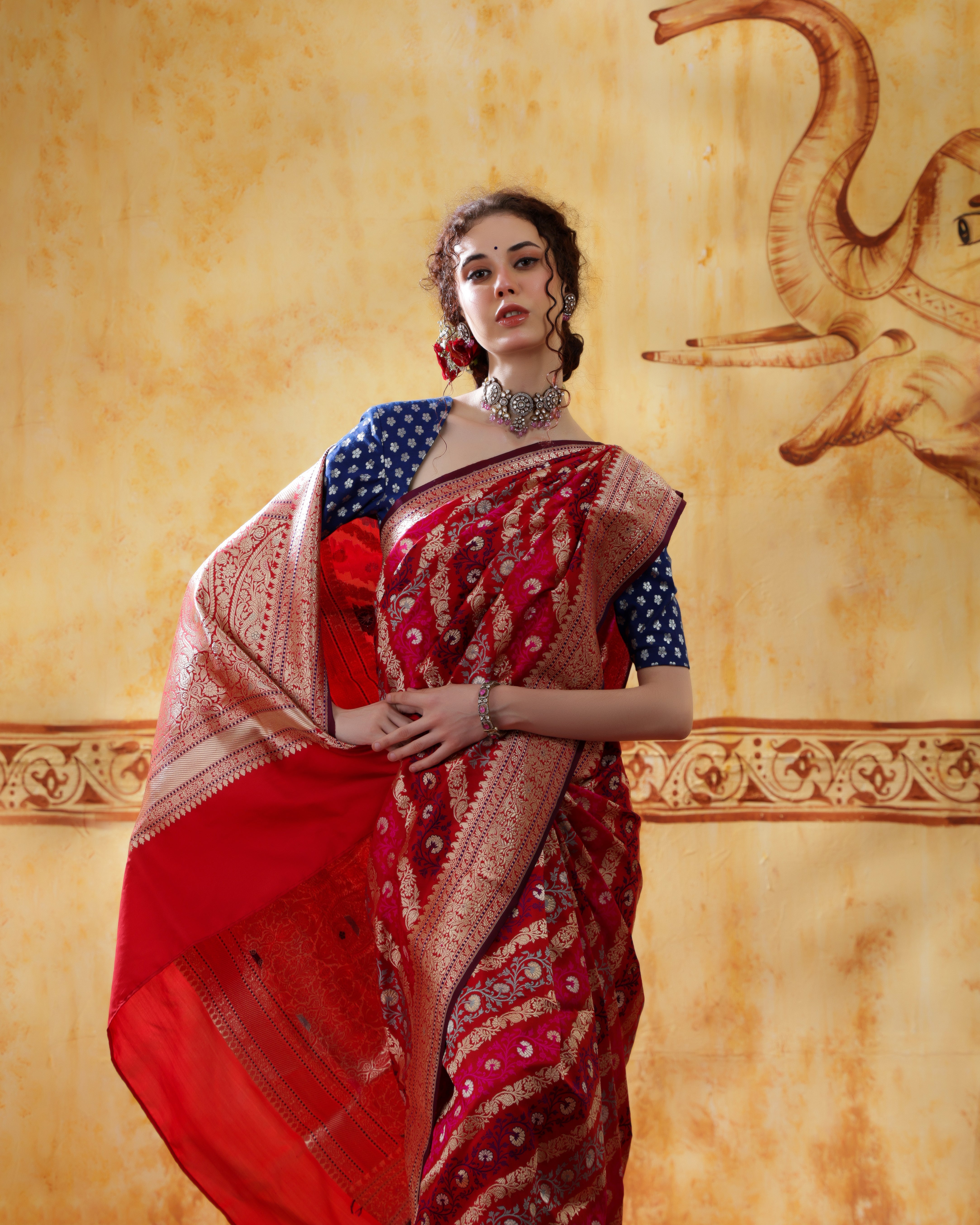 Scarlet Red Katan Silk Banarasi Saree With Floral Bel Design