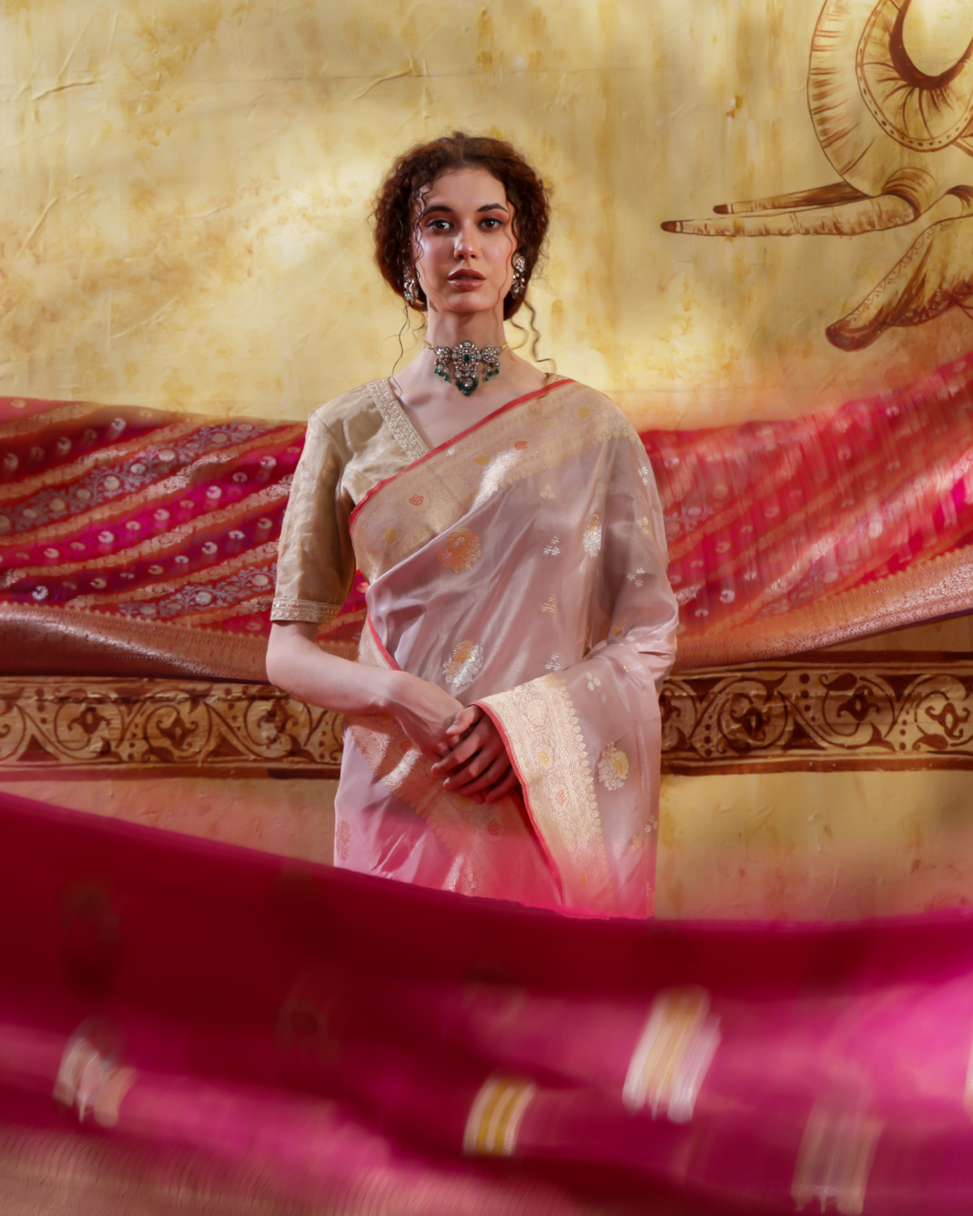 Dusty Peach Tissue Organza Saree With Banarasi Weaving