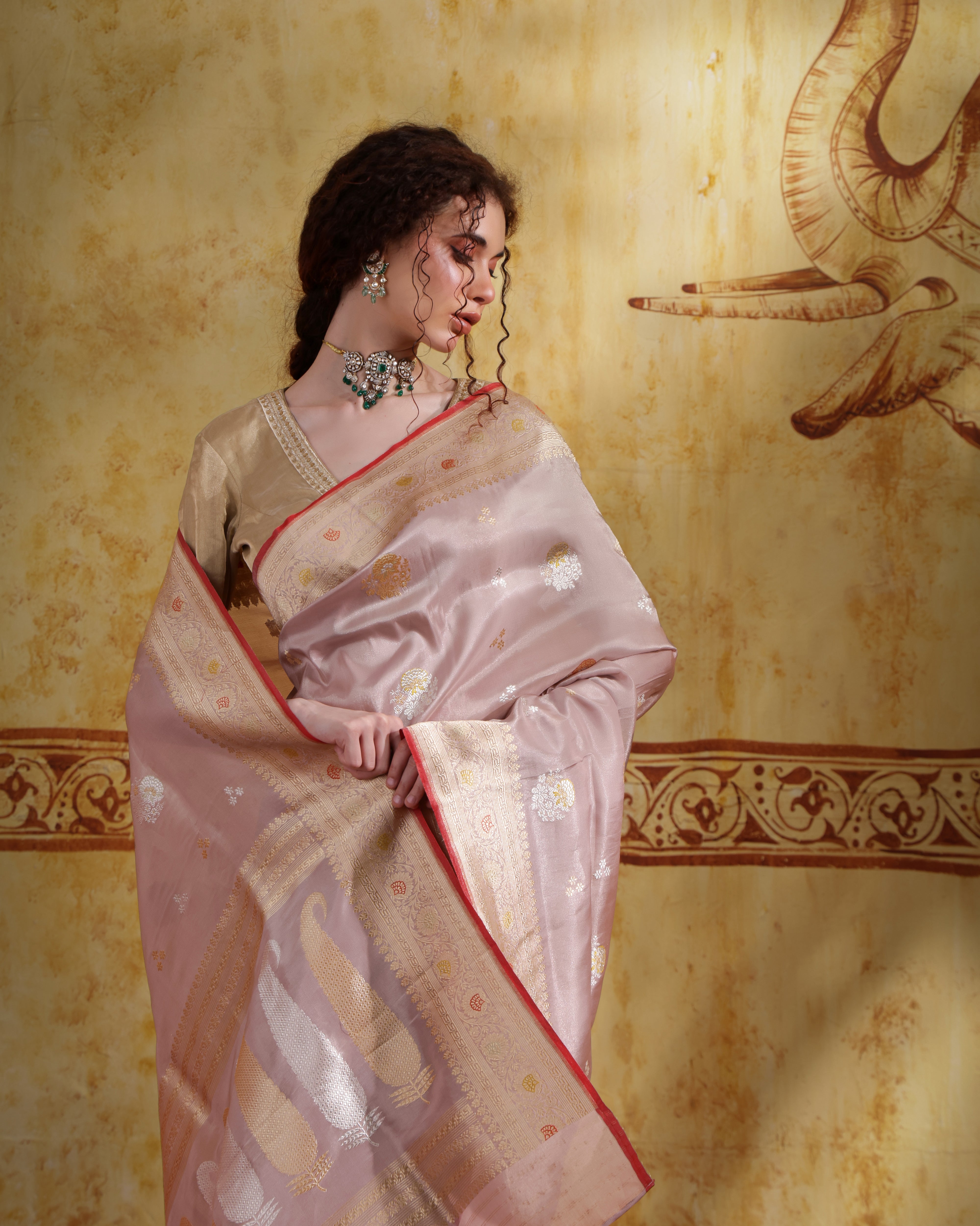 Dusty Peach Tissue Organza Saree With Banarasi Weaving