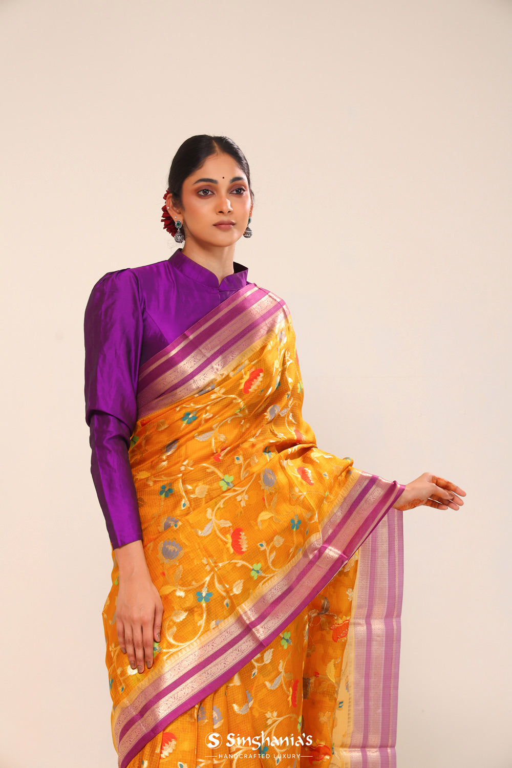 Neon Orange Kota Banarasi Silk Saree