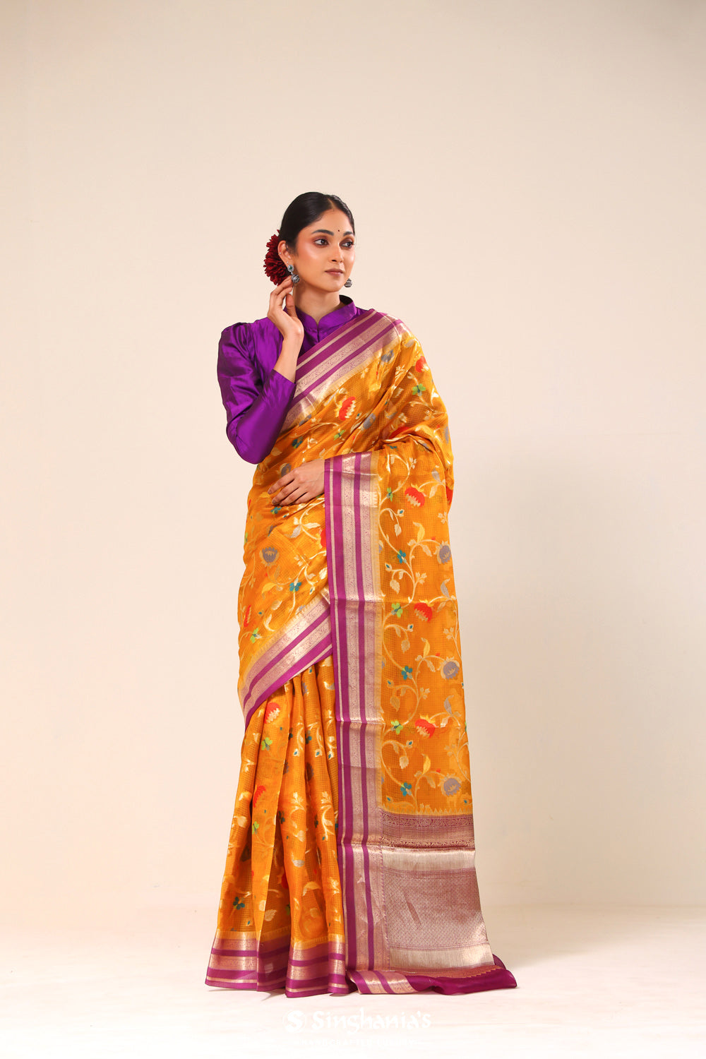 Neon Orange Kota Banarasi Silk Saree