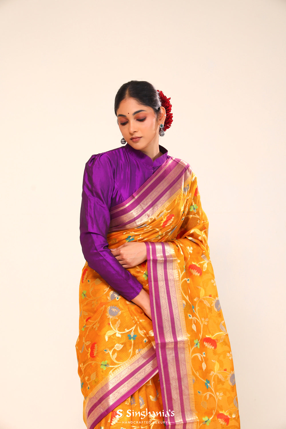 Neon Orange Kota Banarasi Silk Saree