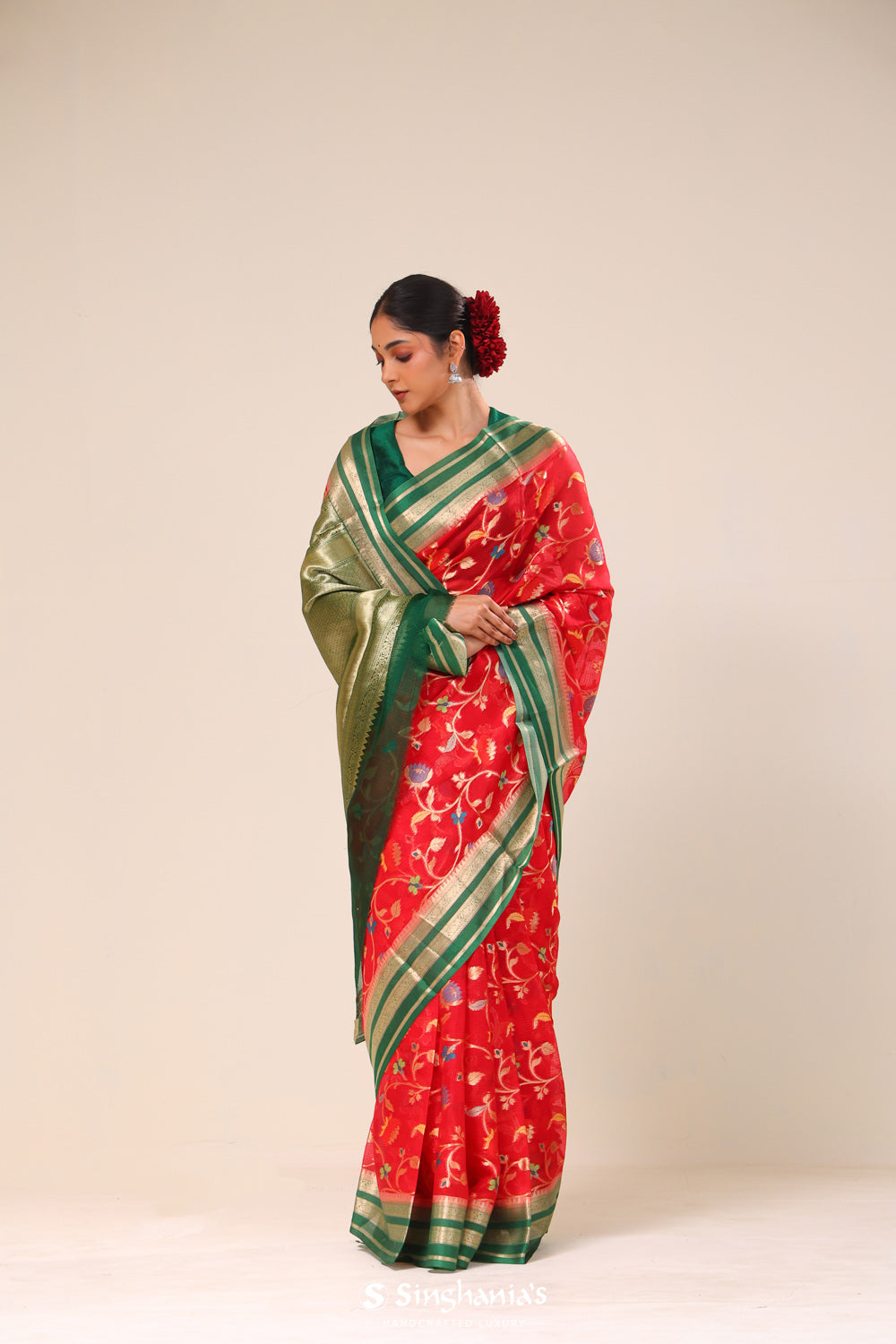 Bright Red Kota Banarasi Silk Saree