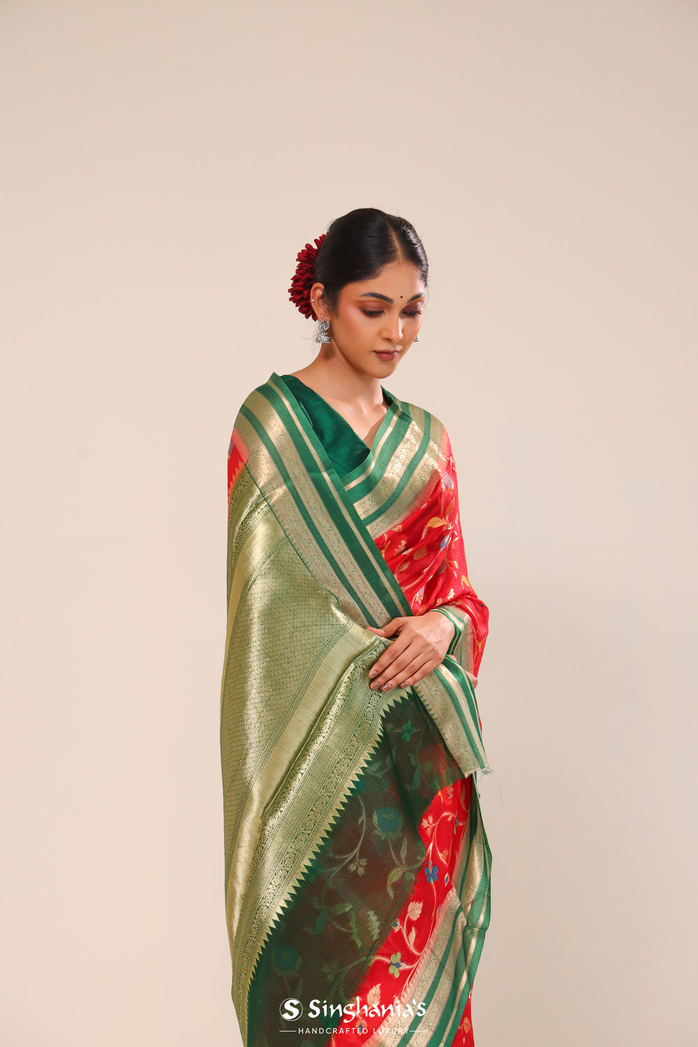 Bright Red Kota Banarasi Silk Saree