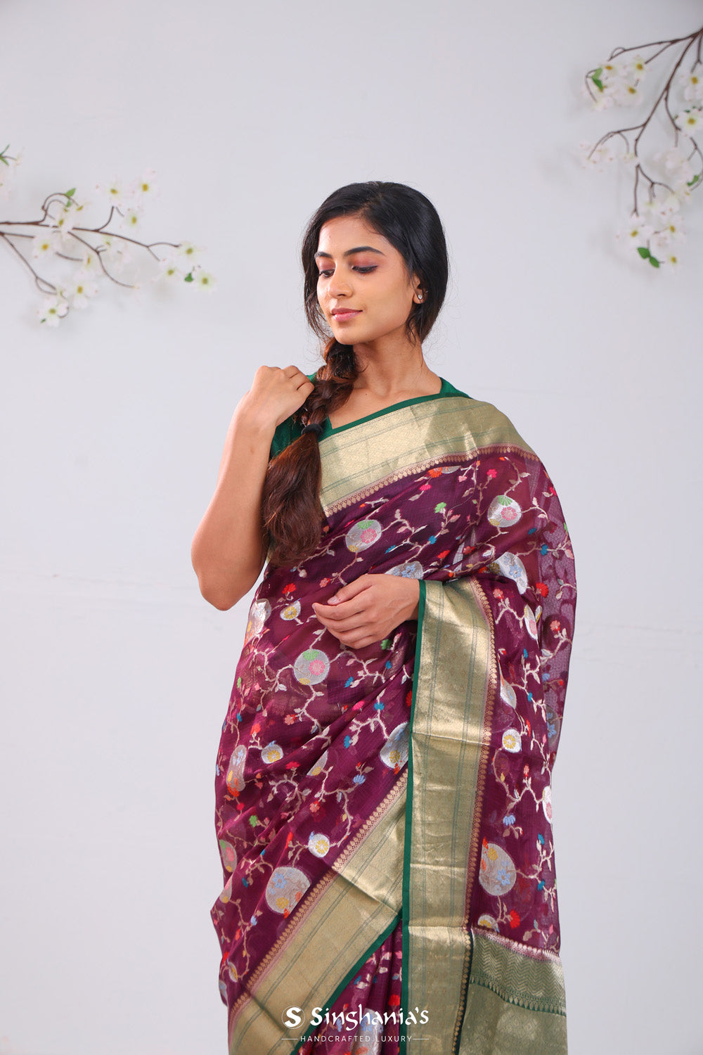 Byzantium Purple Banrasi Kota Silk Saree With Floral Patterns