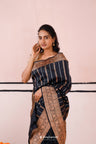 Luxury Black Banarasi Silk Saree With Gold-Silver Weaving