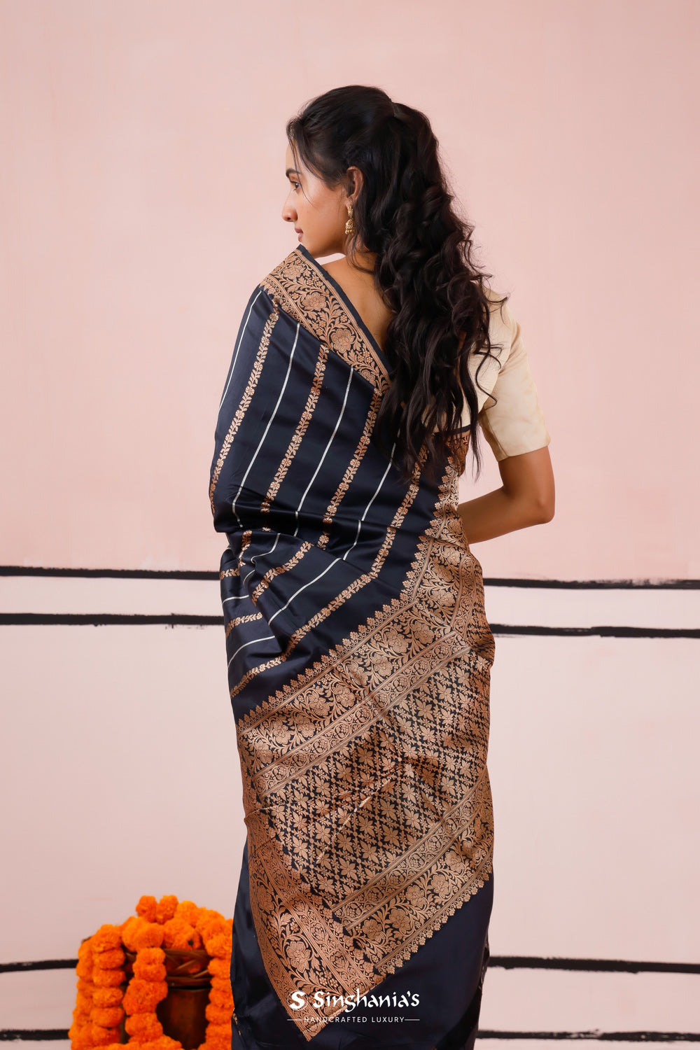 Luxury Black Banarasi Silk Saree With Gold-Silver Weaving