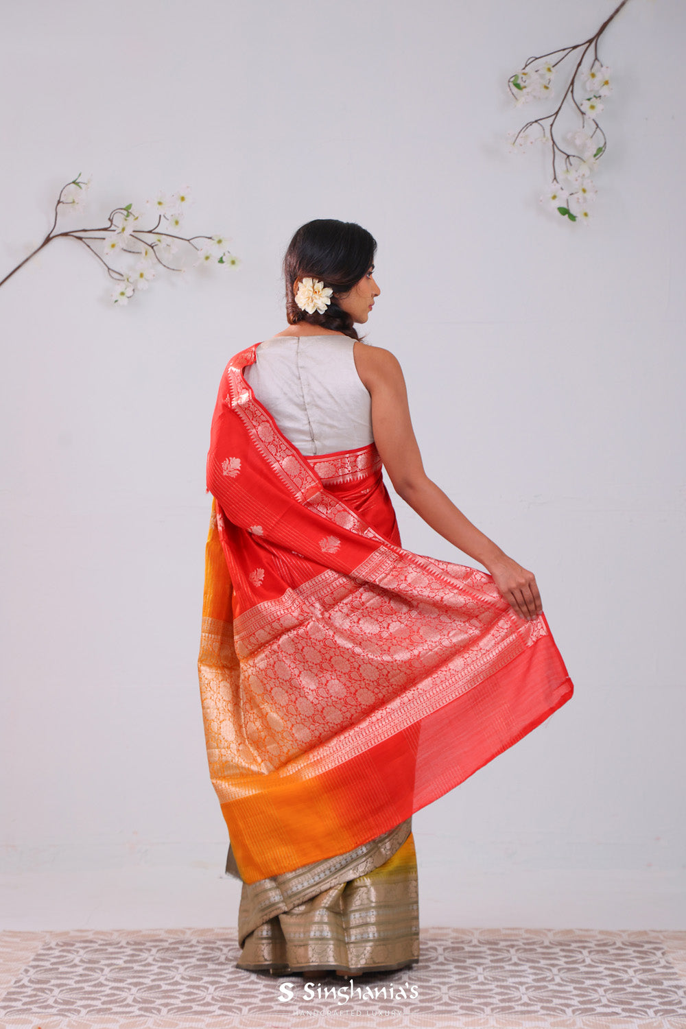 Red-Orange Ombre Banarasi Silk Saree With Floral Motifs