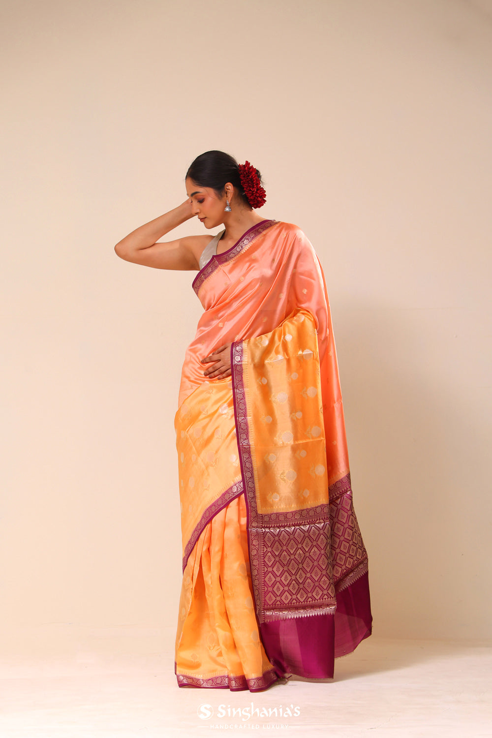 Orange Peach Ombre Chiniya Banarasi Silk Saree