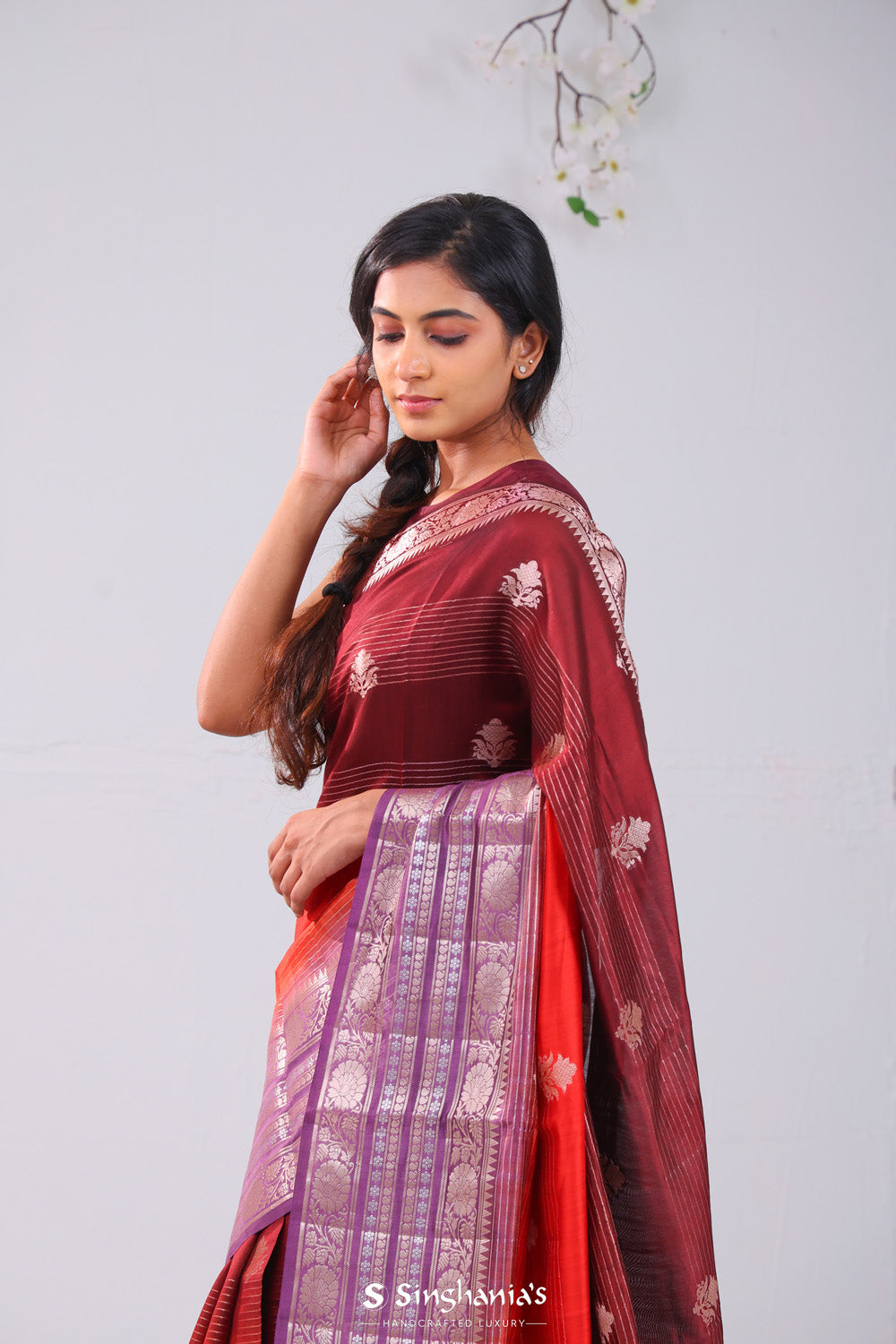 Red-Maroon Ombre Banarasi Silk Saree With Floral Motifs