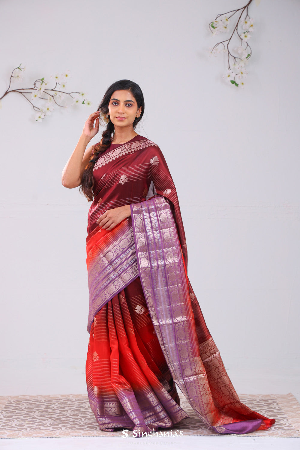 Red-Maroon Ombre Banarasi Silk Saree With Floral Motifs