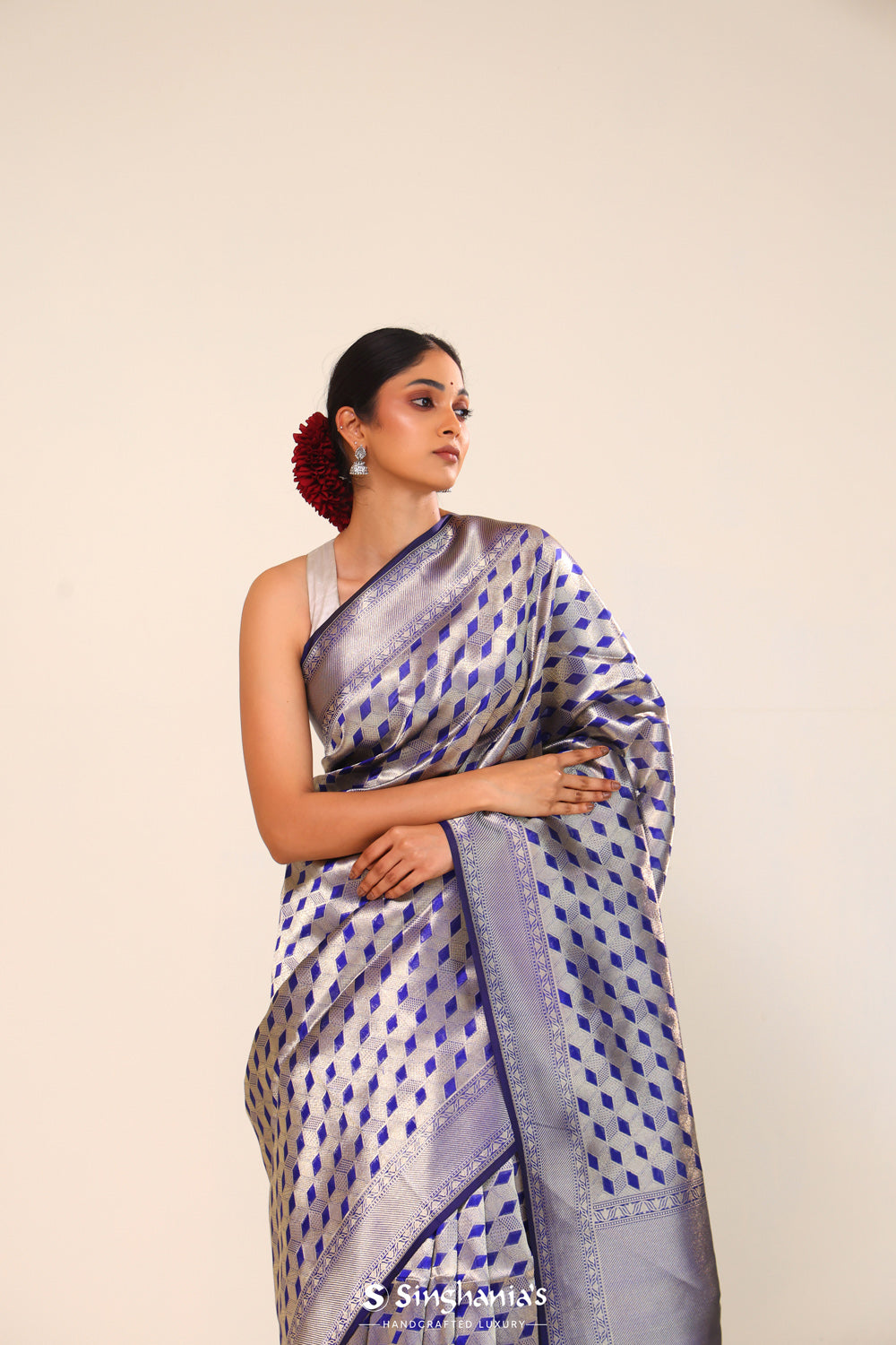 Navy Blue Chiniya Banarasi Silk Saree