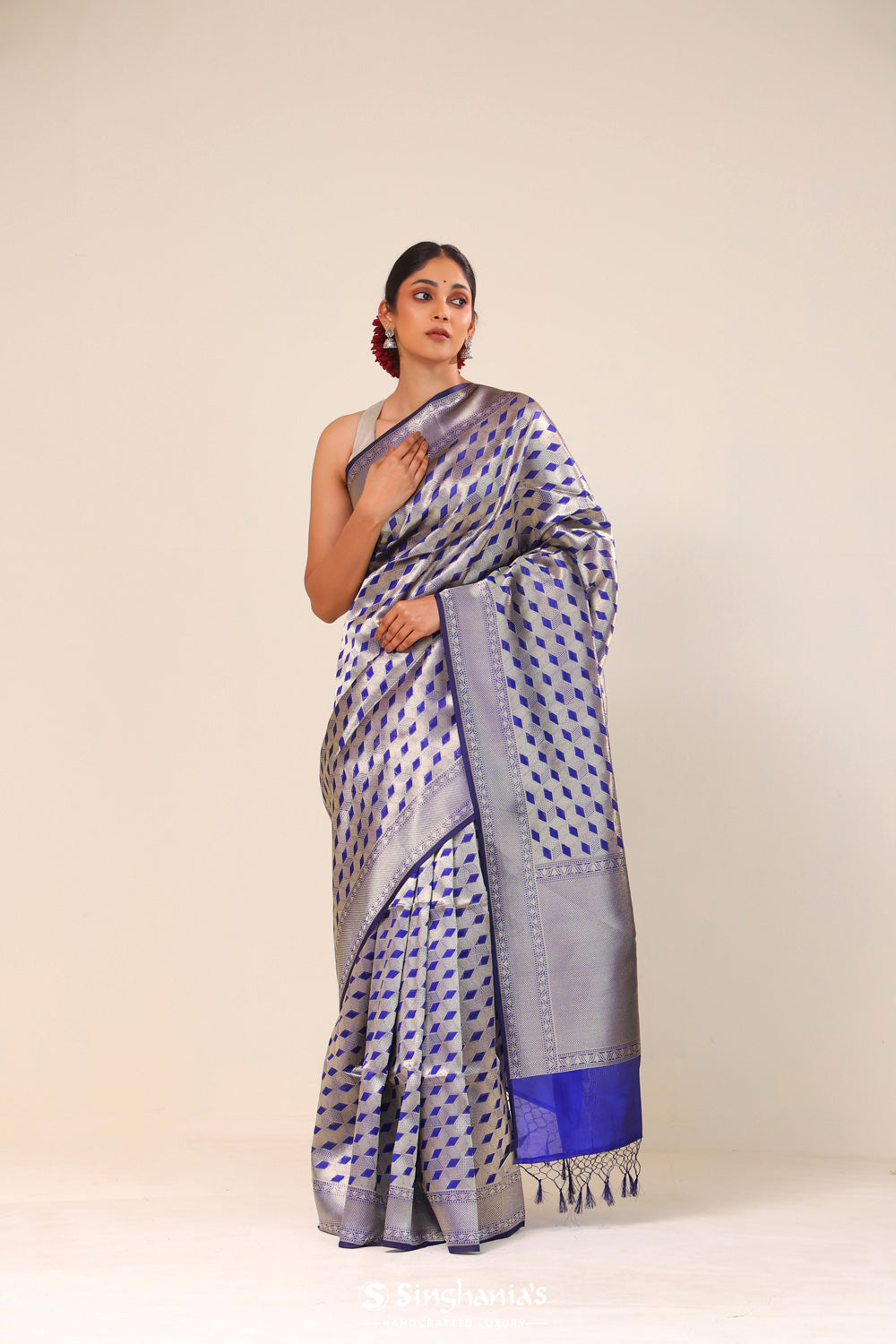 Navy Blue Chiniya Banarasi Silk Saree