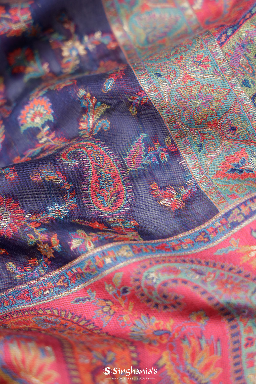 Oxford Blue Kani Handloom Saree With Floral Motifs