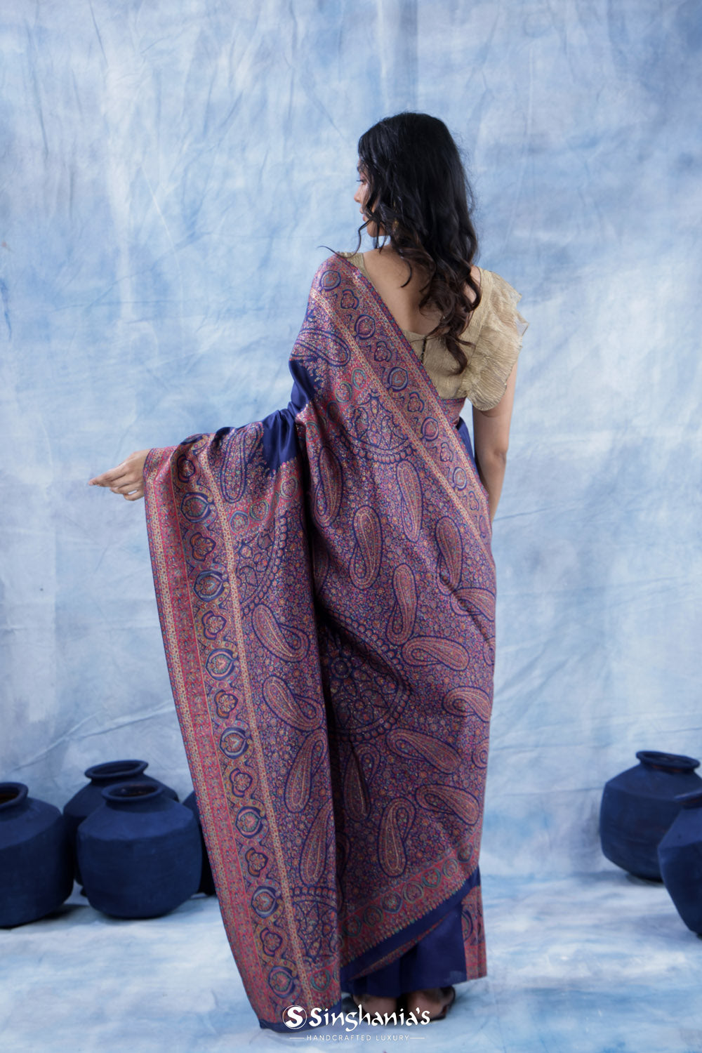 Penn Blue Kani Handloom Saree With Floral Motifs